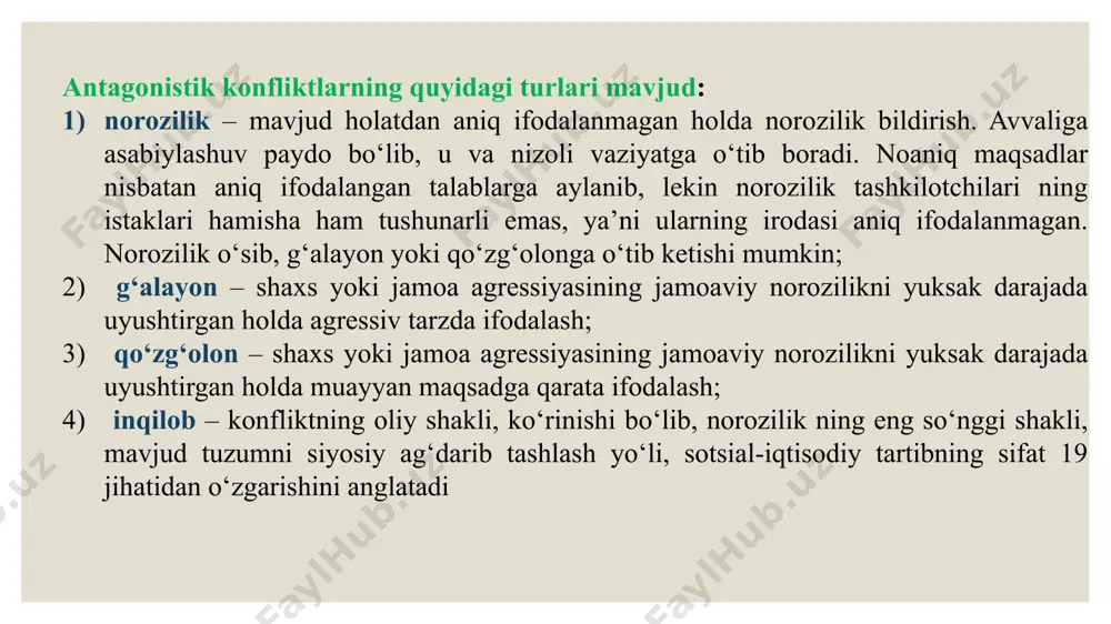 va destruktiv nizolarga bo‘linadi nizolar yechimini quyidagi guruhlarga ajratish mumkin: - tomonlarning ixtiyoriy kelishuviga ko‘ra ziddiyatning yechimga kelishi va to‘xtatilishi; nizoning simmetrik yechimining topilishi va to‘xtatilishi (ikki taraf ham bir xilda yo yutib chiqadi, yo yutqizadi); nizoning asimmetrik hal bo‘lishi (ziddiyatda faqat bir tomon yutib chiqadi); - nizo boshqa bir katta nizoni keltirib chiqarishi; nizoning asta o‘chib so‘nishi va yo‘qolib borishi. nizolarni hal qilishga ikki xil yondoshuv mavjud:  birinchisi – mavjud ilg‘or pedagogik tajribalarni o‘rganish;  ikkinchisi – nizolar rivojlanishi qonuniyatlari haqidagi bilimlarini va ularni oldini olish, bartaraf qilish usullarini egallash; · nizoga avtoritar aralashish yondoshuvi – pedagog nizo - bu har doim ham yomon emasligi va u bilan kurashish kerakligiga ishonchi bo‘lmagan holda uni bostirishga harakat qiladi; · neytralitet yondoshuv – pedagog tarbiyalanuvchilari o‘rtasida yuzaga keladigan to‘qnashuvlarni sezmaslikka va aralashmaslikka harakat qiladi; · nizodan qochish – pedagog nizo - bu yuzaga kelgan vaziyatdan qanday chiqishni bilmasligi sababli bolalar …