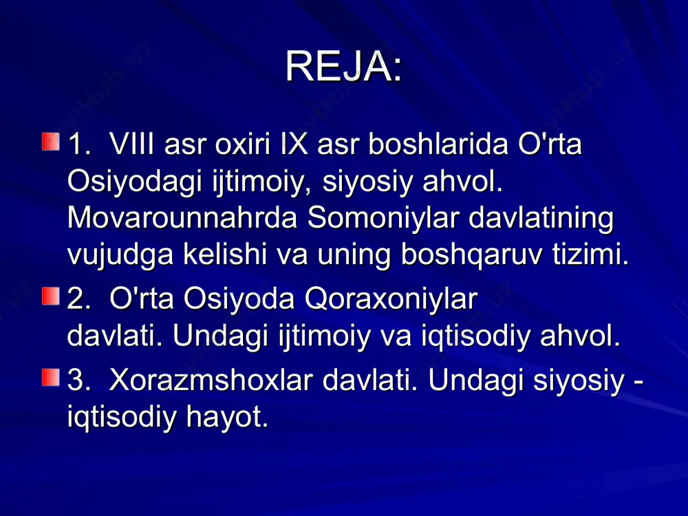 i vujudga keldi va 873- yilgacha davom etdi. uning poytaxti avval marv, keyinchalik eshinpur bo'ladi. toxiriylar sulolasi toxiriylar sulolasi hukmronligi davrida movarounnahr va xuroson mustaqil davlatga aylanishda dastlabki natijalarga erishdi. o'rta osiyo somoniylar sulolasidan bo'lmish aka-uka nosir va ismoil inb ahmadlar xatti harakati tufayli to'la mustaqillikka erishdi. somoniylar sulolasi somoniylar sulolasiga asos solgan somon yirik yer egasi bo'lgan. manbalarning birida u balx yaqinidan, ikkinchisida esa samarqand atrofidan yoki termizdan bo'lgan deb qayd etilgan. somonxudot somon qishlog'i oqsoqoli bo'lgan. xalifa ma'mun mahalliy hukmdorlardan somonxudot avlodlari - uning nabiralariga movarounnahr hududlarini boshqarish huquqini topshiradi. asad ibn somon o'g'illaridan nuh samarqandga, ahmad farg'onaga, yahyo shosh va usturshonaga, ilyos chag'aniyon va hirotga hokimlik qildilar. nasr somoniy davri (856-888 y.) ix asrning o'rtalariga kelib ahmad va uning o'g'li nasr somoniylar movarounnahrning ko'pchilik hududlarini birlashtirishga muvaffaq bo'ladilar. nasr somoniy davrida (856-888 y.) movarounnahr mavqei yanada kuchaydi. xurosonda tohiriylar sulolasi ag'darilgach (873 y.), uning tarkibiga kirgan buxoro …