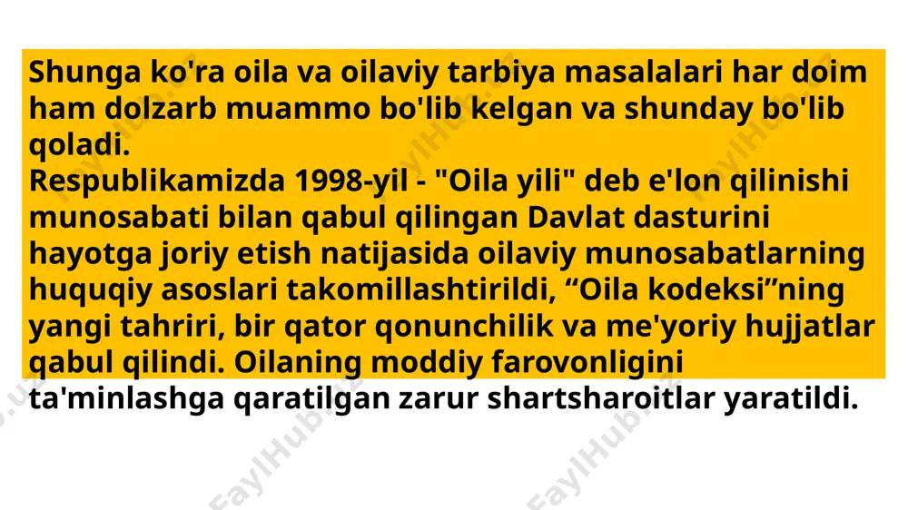i koʻrsatadi. shuning uchun ham sharqda oila qadim-qadimdan muqaddas qoʻrgʻon hisoblanib kelingan. oʻzbekistonning davlat mustaqilligi tufayli xalqimizning azaliy milliy urf-odat va marosimlari qaytadan tiklana boshlandi, bu udumlar oilani mustahkamlashda muhim oʻrin egallaydi. oʻzbekiston hukumati oila masalalariga davlat siyosati darajasida bajarilishi lozim boʻlgan ustuvor vazifa sifatida qaraydi. oʻzbekiston respublikasi konstitutsiyasining 63-moddasiga ko'ra, oila jamiyatning asosiy boʻgʻini hisoblanadi, u jamiyat hamda davlat tomonidan muhofazada boʻlish huquqiga ega. foydalanilgan adabiyotlar ro'yxati.rizouddin ibn faxriddin, oila, t., 1991. ochiya bursev, akmal saidov.[1]
