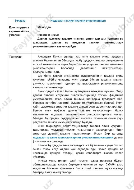 ва келажакда қандай бўлади, деган саволларга жавоб излаб кўрамиз. мисол учун, илгари олий таълим олиш истагида бўлган абитуриентларда танлов бирмунча чекланган эди. сабаби улар хоҳлаган йўналиш фақатгина битта олий таълим муассасасида бўларди ёки у ҳам бўлмасди. биргина олий таълим мисолида олиб қарасак, охирги 2022-2023 ўқув йили учун олий таълим олиш истагида бўлган абитуриентлар сони 1 млн 200 мингдан ортиқни ташкил этди, олийгоҳларга қабул сўнгги олти йилда 5 бараварга ортиб, талабалар сони 1 миллионга етди. қамров эса, 9 фоиздан 38 фоизга ошди. мисол учун, 2016 йилда 77 та олий таълим ташкилоти фаолият юритган бўлса, 2023 йилга келиб уларнинг сони 200 дан ошди, шундан 40 таси нодавлат олий таълим ташкилотидир. бугунги замон ёшлари илғор фикрлайдиган, қатъиятли, ўз мақсади сари ҳаракат қиладиган, мустақил қарор қабул қила оладиган, муаммони ижобий ечадиган шахслар бўлиши керак. таълим соҳасида янги таҳрирдаги конституцияга киритилаётган янгиликлар эса айнан шундай етук, баркамол авлодни тарбиялашга хизмат қилади. ҳурматли юртдошлар сифатли таълимни …