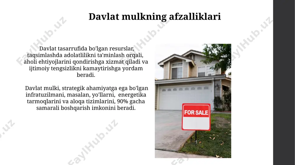 n. davlat mulkida innovatsiyalarni rivojlantirish sekinlashadi, chunki yangi texnologiyalarni joriy etish va investitsiyalarni jalb qilish jarayoni byurokratik toʻsiqlar tufayli 3-5 barobar sekinlashadi. xususiy va davlat mulki: kelajak istiqbollari davlat-xususiy sheriklik loyihalarining soni 2030 yilga kelib 30% ga oshishi va infratuzilma rivojlanishiga 5 milliard dollar miqdorida investitsiyalar jalb etilishi kutilmoqda. xususiylashtirish jarayonlari natijasida 2025 yilga borib davlat mulkining 15% gacha xususiy sektorga o'tishi prognoz qilinmoqda, bu esa iqtisodiy o'sishga sezilarli ta'sir ko'rsatishi mumkin. xususiy mulk tushunchasi xususiy mulk, fuqarolik kodeksining 221-moddasiga ko'ra, shaxsning mulkiy huquqlarini ta'minlaydigan, egalik qilish, foydalanish va tasarruf etish huquqlarini o'z ichiga olgan asosiy huquqiy institut hisoblanadi. xususiy mulkning iqtisodiy samaradorligi 30% ga yaqin foizga davlat mulkidan yuqori bo'lib, bozor iqtisodiyotining muhim omili hisoblanadi. e'tiboringiz uchun rahmat @taqdimot_robot image1.jpg image2.jpg image3.jpg image4.jpg image5.jpg image6.jpg image7.jpg image8.jpg image9.jpg image10.jpg image11.jpg image12.jpg