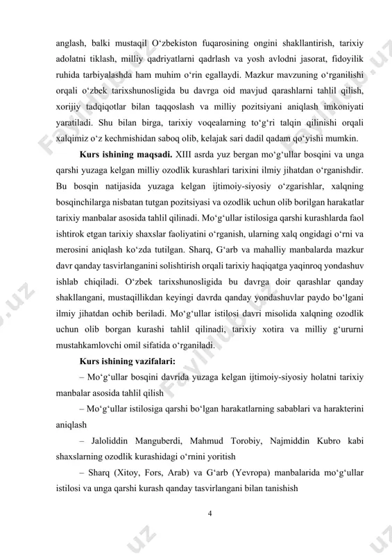 ing predmetini tashkil etadi. bu jarayonda ishtirok etgan shaxslar faoliyati, xalqning qarshilik ko‘rsatish usullari va ularning tarixiy xotiradagi o‘rni asosiy e’tibor markazida turadi. kurs ishining obyekti. xiii asrda mo‘g‘ullar tomonidan amalga oshirilgan bosqinlar va bu istilolarga qarshi bo‘lgan milliy ozodlik kurashlari tarixiy voqelik sifatida kurs ishining obyektini tashkil etadi. bu davrdagi ijtimoiy-siyosiy jarayonlar, xalq harakati, siyosiy kuchlar o‘rtasidagi munosabatlar asosiy o‘rganilayotgan tarixiy hodisalardir. kurs ishining tuzilishi: kirish, 2 ta bob, umumiy xulosa va foydalanilgan adabiyotlar ro‘yxatidan iborat. i-bob. xorij tadqiqotlarida mo‘g‘ullar bosqini va unga qarshi kurash tarixini yoritilishi 1.1. sharq (xitoy, fors, arab) manbalarida mo‘g‘ullar bosqiniga qarshi harakatlarning yoritilishi xiii asrda mo‘g‘ullar dunyoning ko‘plab hududlarini bosib olganlar va bu hodisa sharq xalqlari tarixida katta o‘zgarishlarni yuzaga keltirdi. mo‘g‘ullar bosqiniga qarshi turli xalqlarning kurashlari, ularning sabablari, shakllari va natijalari haqida sharq manbalarida turli ma’lumotlar saqlanib qolgan. mo‘g‘ullar bosqini xitoy tarixida xiii asrda eng muhim voqealardan biri bo‘lib, u ko‘plab tarixiy manbalarda …