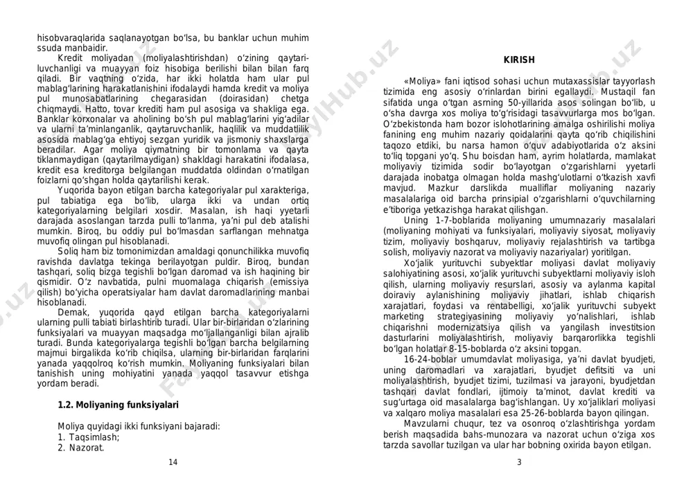 ssuda manbaidir. kredit moliyadan (moliyalashtirishdan) o‘zining qaytari- luvchanligi va muayyan foiz hisobiga berilishi bilan bilan farq qiladi. bir vaqtning o‘zida, har ikki holatda ham ular pul mablag‘larining harakatlanishini ifodalaydi hamda kredit va moliya pul munosabatlarining chegarasidan (doirasidan) chetga chiqmaydi. hatto, tovar krediti ham pul asosiga va shakliga ega. banklar korxonalar va aholining bo‘sh pul mablag‘larini yig‘adilar va ularni ta’minlanganlik, qaytaruvchanlik, haqlilik va muddatlilik asosida mablag‘ga ehtiyoj sezgan yuridik va jismoniy shaxslarga beradilar. agar moliya qiymatning bir tomonlama va qayta tiklanmaydigan (qaytarilmaydigan) shakldagi harakatini ifodalasa, kredit esa kreditorga belgilangan muddatda oldindan o‘rnatilgan foizlarni qo‘shgan holda qaytarilishi kerak. yuqorida bayon etilgan barcha kategoriyalar pul xarakteriga, pul tabiatiga ega bo‘lib, ularga ikki va undan ortiq kategoriyalarning belgilari xosdir. masalan, ish haqi yyetarli darajada asoslangan tarzda pulli to‘lanma, ya’ni pul deb atalishi mumkin. biroq, bu oddiy pul bo‘lmasdan sarflangan mehnatga muvofiq olingan pul hisoblanadi. soliq ham biz tomonimizdan amaldagi qonunchilikka muvofiq ravishda davlatga tekinga …