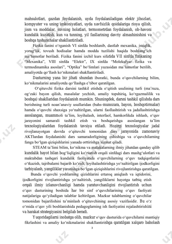 rilgan, ularni faollashtirish va jadallashtirishga asoslangan, muammoli ta’lim, loyihalash, interfaol, hamkorlikda ishlash, o‘quv jarayonini samarali tashkil etish va boshqarishga asoslangan ta’lim texnologiyalaridan foydalanish tavsiya etiladi. hozirgi texnologiyalar jadal rivojlanayotgan davrda o‘qituvchi tomonidan dars jarayonida zamonaviy aktlardan foydalanishi dars samaradorligining oshishiga va o‘quvchilarning fanga bo‘lgan qiziqishlarini yanada orttirishga xizmat qiladi. steam ta’limi bilim, ko‘nikma va malakalarning ilmiy jihatdan qanday qilib kundalik hayot bilan bog‘liqligini ko‘rsatish orqali sinfdagi dars mashg‘ulotlari va maktabdan tashqari kundalik faoliyatida o‘quvchilarning o‘quv tadqiqotlarini o‘tkazish, tajribalarni bajarib ko‘rish, loyihalashtirishga yo‘naltirilgan ijodkorligini tarbiyalash, yangiliklar yaratishga bo‘lgan qiziqishlarini rivojlantirishga qaratilgan. bunda o‘quvchi yoshlarning qizishlarini ertaroq aniqlash va iqtidorini, ijodkorligini rivojlantirishga yo‘naltirish, yangiliklarni hayotga tatbiq etish orqali ilmiy izlanuvchanligi hamda yaratuvchanligini rivojlantirish uchun o‘quv dasturining boshida har bir sinf o‘quvchilarining o‘quv faoliyati natijalariga qo‘yiladigan talablar keltirilgan. mazkur talablarning o‘quvchilar tomonidan bajarilishini ta’minlash o‘qituvchining asosiy vazifasidir. bu o‘z o‘rnida o‘quv yili boshlanishida pedagoglarning ish faoliyatini rejalashtirishini va harakat strategiyasini belgilab beradi. yuqoridagilarni …