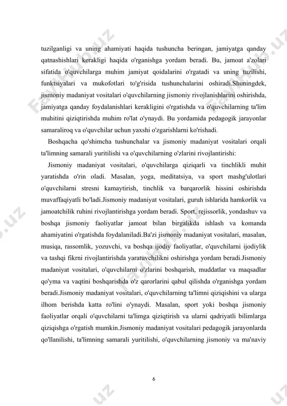 lishi, o'quvchilarning jismoniy va ma'naviy rivojlanishlarini oshirishda katta ahamiyatga ega. bu vositalar o'quvchilarning o'zlarini tanish, rivojlantirish va o'zgarishlarga o'xshash o'rganish usullari orqali ta'lim jarayonlarini oshirishda juda samarali bo'lib ishlaydi. jismoniy mashqlar jismoniy madaniyatning asosiy vosi tasi bo`lib, u tarixan gimnastika, uyinlar, sport va turizm tarznda gurux larga ajratilib, madaniyat jarayonining vositasi sifatida foydalanib kelindi. jismoniy mashq deb, jismoniy madaniyat qonuniyatlari talab lariga javob beruvchi, ongli ravishda bajariladigan ixtiyoriy harakat faoliyatlarining turli turkumi tushuniladi. bunday harakat faoliyatlari gimnastika, uyinlar, sport, turizm mashqlari sifatida tarixan tizimlashtirildi, tuplandi va usluban tuldirildi. jismoniy mashqni vujudga kelishi tarixan qator darsliklarda (a.d. novikov, b.a. ashma rin va boshqalar, 1966, 1979). ibtidoiy jamoa to`zumi davriga to`g`ri keladi deb ko`rsatiladi. jismoniy mashqning vujudga kelishida ob`ektiv sabab qilib ibtidoiy odamning korni tuydirish maqsadida ov qilishi, sub`ektiv sabab sifatida ongning shakllanishi deb qaraldi.ibtidoiy qurollarni ishlatishni bilmagan ibtidoiy odam o`z ulja sini (ovini) xoldan toldirguncha kuvlagan. bunda ovchining organizmi katta jismoniy …