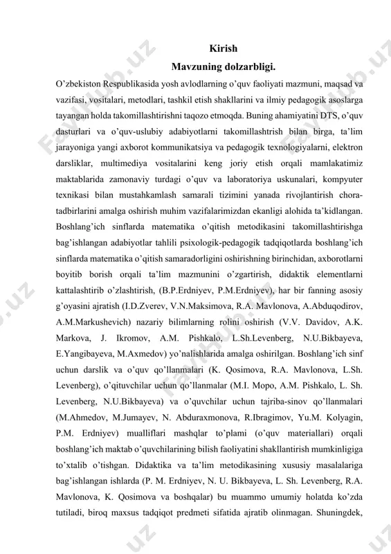 uv materiallari) orqali boshlang’ich maktab o’quvchilarining bilish faoliyatini shakllantirish mumkinligiga to’xtalib o’tishgan. didaktika va ta’lim metodikasining xususiy masalalariga bag’ishlangan ishlarda (p. m. erdniyev, n. u. bikbayeva, l. sh. levenberg, r.a. mavlonova, k. qosimova va boshqalar) bu muammo umumiy holatda ko’zda tutiladi, biroq maxsus tadqiqot predmeti sifatida ajratib olinmagan. shuningdek, boshlang’ich sinflarda masalalar yechishni tashkil etish vositasi sifatida ta’lim texnologiyasi, mustaqil ishlash, o’yin elementlaridan foydalanish masalalari yetarli darajada o’rganilmagan. boshlang’ich ta’lim nazariyasida kichik yoshdagi o’quvchilarning mustaqil bilish faoliyatining mohiyati va uni tashkil etish uslubiyati masalalar yechish texnologiyasining ilmiy asoslangani bilan birga ―boshlang’ich sinflarda matematika o’qitish metodikasini, jumladan masofa, tezlik, vaqt orasidagi bog`lanishlarni amaliy ravishda ma’lum darajada takomillashtirib borish maqsadida, kurs ishimizning mavzusini “harakaga doir masalalarni matematikadanboshlang’ich sinflarda o’rganish metodikas” deb nomladik. masalalar bilan dastlabki tanishuv boshlang’ich sinflar matematika darslarining dastlabki kunlaridayoq o’quvchilarga ―masala terminini qo’llash bilan birga uning boshqa xil topshiriqlardan farqini bolalarga tushuntirib berish kerak. bu ing uchun quyidagi 2 …