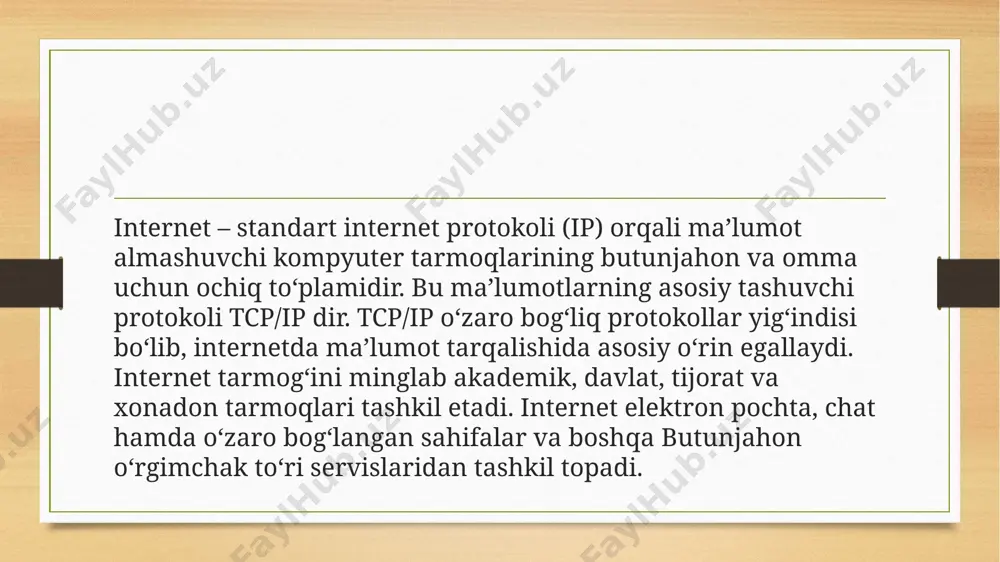 oyihalar agentligi (akra) tadqiqotlari doirasida olib borildi. bu tadqiqotlar sovuq urush avj olgan davrga toʻgʻri keldi. aqsh mudofaa departamenti urush boʻlib qolgan taqdirda oddiy kommunikatsiya vositalari ishdan chiqqudek boʻlsa, oʻrniga yangi qoʻshimcha kommunikatsiya vositalarini izlash bilan faol shugʻullandi. xx asrning 60-yillar oxiri va 70-yillarda internet tarmogʻi uncha keng rivojlanmadi. dastlabki oʻn yillik xalqaro tarmoq, asosan, harbiylar va yirik olimlarning shaxsiy elektron liniyalari faoliyati doirasi bilan cheklandi. internetning beqiyos rivojlanish surʼati davlat, taʼlim, akademik va ijtimoiy tuzilmalarning oʻziga xos umumiy moliyaviy va intellektual ulushiga bogʻliq boʻldi. internet rivojlanishining dastlabki bosqichida uni, asosan, aqsh mudofaa departamenti mablagʻ bilan taʼminlagan. xx asrning 70-yillari oxiriga kelib esa, asosan, uch taʼminlash manbai ajralib turdi: hukumat, universitetlar va tadqiqot laboratoriyalari (shu jumladan mustaqillari ham). xx asrning 80-yillarida internet oʻziga xos tarzda universal koʻlamlargacha rivojlana boshladi. oʻsha davrda internet vositasida uzatiladigan informatsiyaning oʻsishi”oyiga 20 foizdan koʻpaytirib borish” shiori ostida bordi. macalan, aqsh ning asosiy tarmogʻi bir sekundda …