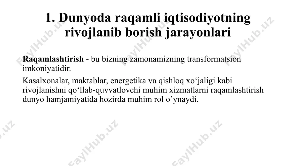 ndiyada (8%) bo’lsa, italiyada 2% va portugaliya, belgiya va kiprda 3% ni tashkil etadi. umuman olganda, akt darajasiga ega bo'lgan erkaklar ayollarga qaraganda ko'proq. yevropa ittifoqi darajasida akt diplomiga ega bo'lgan erkaklar barcha erkak bitiruvchilarning 8 foizini tashkil etadi. ayol bitiruvchilarning atigi 2 foizi akt darajasiga ega. https://ec.europa.eu/eurostat/web/interactive-publications/digitalisation-2023 akt bo'yicha mutaxassislar yevropa ittifoqida ishlaydiganlarning deyarli 5 foizini tashkil qiladi. yevropa ittifoqining har beshinchi korxonasi o'z xodimlarini akt ko'nikmalarini rivojlantirishga o'rgatadi 2. biznesda texnologiyalarni joriy etish raqamli texnologiyalarni biznesning barcha sohalariga integratsiyalash kompaniyalarga mahsulot va xizmatlarini yaxshilash va raqobatbardoshligini oshirish imkonini beradi, masalan, onlayn sotish orqali. yei 2030 yilga borib kompaniyalarining 75% bulutli hisoblash xizmatlari, katta maʼlumotlar tahlili va sun'iy intellektdan foydalanishini maqsad qilgan. 2022-yilda barcha yevropa ittifoqi korxonalarining 70 foizi raqamli texnologiyalarni qo’llagan. yaim ulushi 69% ni tashkil etdi. raqamlashtirishning asosiy darajasiga ega bo'lgan yaim larning ulushi gretsiyada 41%, bolgariyada 47%, daniyada 89% va finlyandiyada 90% ni tashkil etgan. evropa …