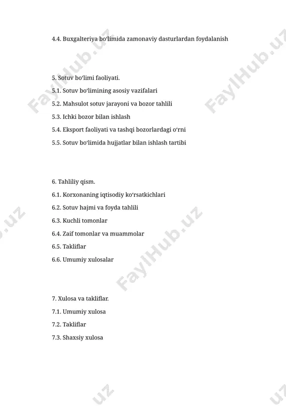 l qilinadi. hisobot quyidagi maqsadlarga qaratilgan: talabada nazariy bilimlarni amaliy faoliyat bilan uyg‘unlashtirish; korxonaning ishlab chiqarish va boshqaruv tizimi haqida tasavvur hosil qilish; buxgalteriya hisobi va sotuv bo‘limining kundalik faoliyati bilan tanishish; amaliyot davomida bajarilgan ishlar asosida xulosalar chiqarish va takliflar ishlab chiqish. ushbu hisobotda toshkent metallurgiya zavodining iqtisodiy faoliyati, ishlab chiqarish quvvatlari, moliyaviy hisob yuritish jarayonlari hamda mahsulotlarni sotish mexanizmlari batafsil tahlil qilinadi. shuningdek, amaliyot davomida egallangan ko‘nikmalar bo‘yicha shaxsiy xulosalar va tavsiyalar ham keltiriladi. 1-bob. korxona tarixi va umumiy faoliyati 1.1. toshkent metallurgiya zavodining tashkil topishi toshkent metallurgiya zavodi mchj o‘zbekiston respublikasida metallurgiya sohasida faoliyat yuritayotgan yirik ishlab chiqarish korxonalaridan biridir. zavodning asosiy vazifasi mamlakat ichki bozorini metall mahsulotlari bilan ta’minlash hamda eksport salohiyatini oshirishdan iboratdir. korxona zamonaviy texnologiyalar asosida barpo etilgan bo‘lib, xalqaro standartlarga mos ravishda ishlab chiqarish jarayonlarini tashkil qilgan. zavodning ochilishi o‘zbekiston metallurgiya sanoatining rivojida muhim bosqich bo‘lib, milliy iqtisodiyotda import o‘rnini bosuvchi mahsulotlar ishlab …