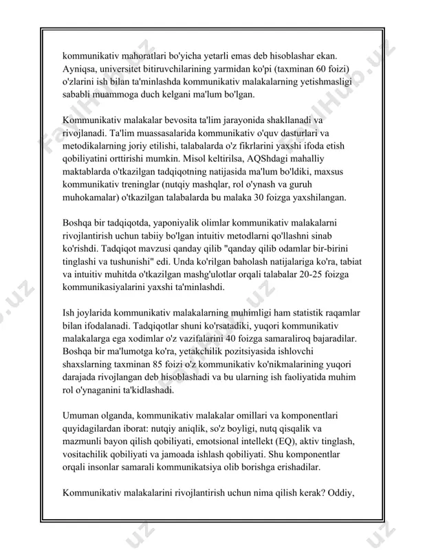 . **milliy bayramlar va tadbirlar**: o'zbekistondagi milliy bayramlar ham jamiyatda odatlar shakllanishida alohida o‘rin tutadi. navro'z, mustaqillik kuni kabi bayramlar katta miqyosda o'tkaziladi. ushbu tadbirlar odamlarga jamiyatda o'zaro aloqalarni mustahkamlash va madaniy merosni saqlash imkoniyatini beradi. har yili millionlab odamlar navro'z bayramida ishtirok etadi. 4. **kommunikativ odatlar**: jamiyat ahli o'rtasidagi aloqa odatlari ham muhim hisoblanadi. o'zbekistonda insonlar bir-birlariga salomlashishda hammadan avval so'nggi ma'lumotlarni aytishga moyil va bu, albatta, jamiyatdagi ijtimoiy vositalar orqali amalga oshiriladi. qariyb 80% aholisi telefonda va ijtimoiy tarmoqlarda bu muloqot usullariga rioya qiladi. 5. **ta'lim va mehnat odatlari**: o'zbekistonda har bir inson ta'lim olishga, bilimini oshirishga va unumli mehnat qilishga harakat qiladi. ota-onalar bolalariga boshlang'ich yoshdan boshlab o'qish va bilishning beqiyos ahamiyatini tushuntiradilar. oliy ta'lim muassasalarida har yili o'n minglab yoshlar ta'lim oladi, va statistik ko'rsatkichlar bo'yicha bu ko'rsatkich 70% ga yaqinlashadi. 6. **mehmondo'stlik va tadbirkorlik odatlari**: mehmondo'stlik o'zbekistonda dasturxonni maxsus bezatish, mehmonlarga alohida taomlar tortiq qilishni …