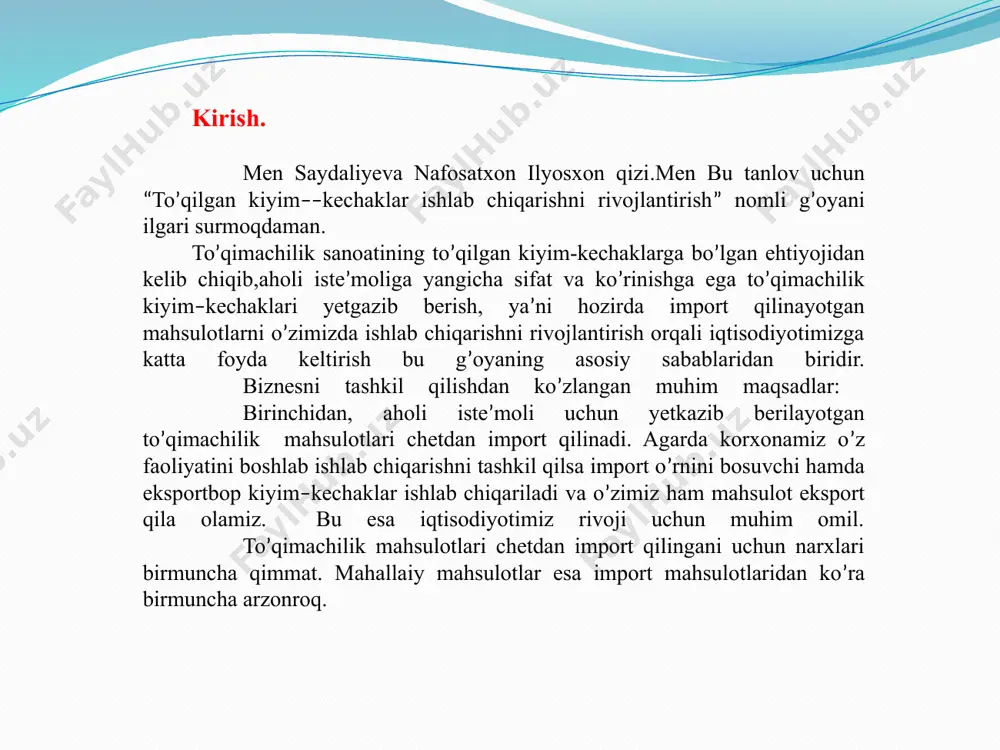 turdagi to’qimachilik mahsulotlari buyurtmalar asosida ishlab chiqarishni rejalashtirdik. ishlab chiqarish jarayoni. ishlab chiqarish jarayoni konveyer, ya’ni muayyan ishchi faqatgina muayyan bir turdagi mahsulotni ishlab chiqarishi ko’zda tutilgan. buning natijasida bir to’quvchining maxsulotni to’qishda tajribasi ortib boradi bu esa o’z navbatida maxsulot ishlab chiqarish muddatlarini tezlashtiradi va yaroqsiz mahsulot ishlab chiqarilishi darajasi pasaytiradi. ish unumdorligini pasayishini oldini olish maqsadida qisqa muddatli dam olish xonasini tashkil etish ko’zda tutilgan. bu o’z navbatida ish unumdorligini o’sishiga yordam beradi. bundan tashqari mukofotlash fondi tashkil qilinib ishlab chiqarishda yuqori natijalarga erishgan to’quvchi va hodimlarni rag’batlantirish ham ko’zda tutilgan. ishlab chiqarilayotgan maxsulotlarni turiga qarab bir to’quvchi tomonidan sarf etilayotgan vaqt, bir ish kuniga taqsimlanganda olingan umumiy natijalarga ko’ra shu narsa ma’lum bo’ldiki, bir to’quvchi bir ish kuni mobaynida 800 gramm xom-ashyodan tayyor maxsulot tayyorlash imkoniyatiga ega. yuqoridagilarni inobatga olgan xolda korhonada faoliyat yuritadigan umumiy to’quvchilarni 1 kunli tayyor maxsulot ishlab chiqarish xajmi quyidagi jadvalda keltirilgan. maxsulot …