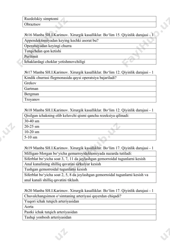 jigar faoliyatining og‘ir buzilishlari xirurgik infeksiya shok og‘ir operatsiya №22 manba sh.i.karimov. xirurgik kasalliklar. bo‘lim 13. qiyinlik darajasi - 1 privratnik stenozi uchun quyida ko‘rsatilgan simptomlardan qaysi biri kirmaydi? kloyber kosachachalari borligi oshqozon proyeksiyasi sohasida chayqalish shovqini belgisi aniqlanishi qusish kekirish №23 manba sh.i.karimov. xirurgik kasalliklar. bo‘lim 15. qiyinlik darajasi - 1 quyida keitirilganlarning qaysi biri o‘tkir appenditsitning a.i.abrikosova klassifikatsiyasiga to‘g‘ri kelmaydi diffuzli yuzaki flegmonozli gangrenozli №24 manba sh.i.karimov. xirurgik kasalliklar. bo‘lim 16. qiyinlik darajasi - 1 yo‘g‘on ichak amyobiazini nima keltirib chiqaradi? sodda hayvonlar (prosteyshiye) virus bakteriya saprofitlar №25 manba sh.i.karimov. xirurgik kasalliklar. bo‘lim 13. qiyinlik darajasi - 1 oshqozon o‘tkir kengayib ketishiga tezda gumon qilish mumkin: nazogastral intubatsiya yordamida laparotsentez yordamida qorin old devori perkussiyasi yordamida qon plazmasidagi serotoninni aniqlash yordamida №26 manba sh.i.karimov. xirurgik kasalliklar. bo‘lim 13. qiyinlik darajasi - 1 oshqozon rakining erta belgisi hisoblanadi: go‘shtli ovqatlardan ko‘ngil ozishi go‘shtli ovqatlarni ko‘p iste’mol qilish echt ning …