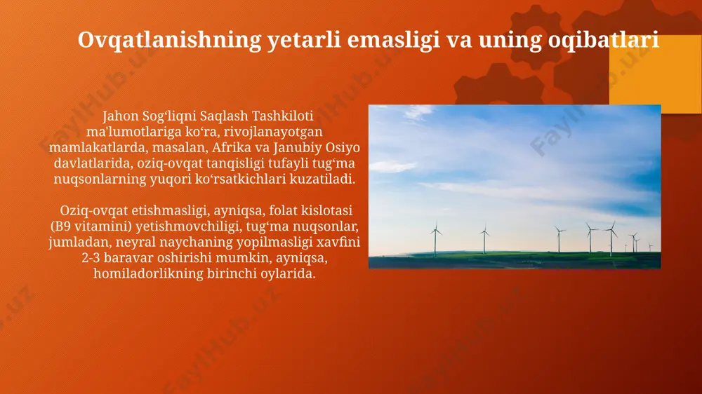 milada gipoksiya va o'sishning sekinlashuviga, shuningdek, og'iz yoriqlari va yurak nuqsonlari kabi turli xil tug'ma nuqsonlarga olib kelishi mumkin. stress va psixologik omillar 2010-yilda o'tkazilgan tadqiqotlar shuni ko'rsatdiki, homiladorlik davrida kuchli stressga uchragan ayollarda tug'ma nuqsonlar xavfi 20% ga oshgan, ayniqsa, buyuk britaniyada o'tkazilgan tekshiruvlar buni tasdiqladi. surunkali stress gormonlari, masalan, kortizolning yuqori darajasi, homila rivojlanishiga salbiy ta'sir ko'rsatib, 37 haftadan kam muddatda tug'ilish xavfini 15% ga oshirishi mumkin. bu esa, aqshdagi klinik kuzatuvlarda aniqlangan. e'tiboringiz uchun rahmat @taqdimot_robot image2.png image3.svg image5.png image8.jpg image9.jpg image10.jpg image11.jpg image12.jpg image13.jpg image14.jpg image15.jpg image16.jpg image1.png