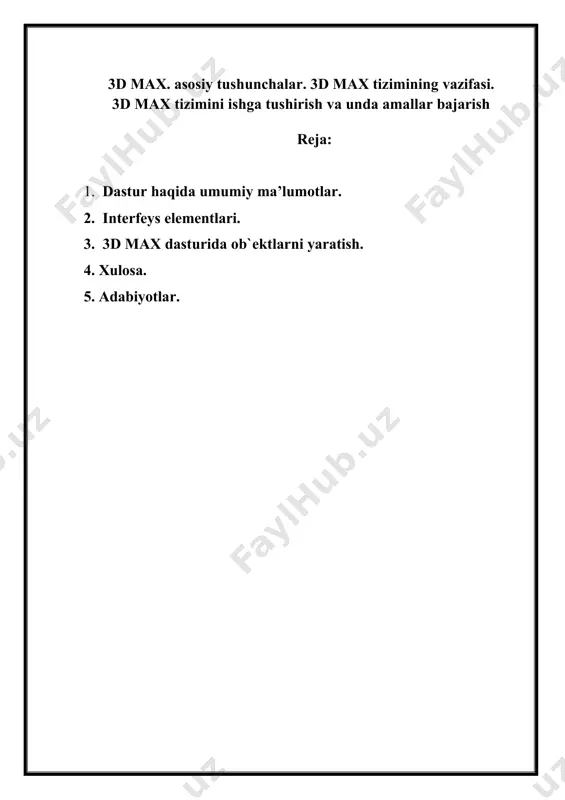 · televizion tijoratda (reklamada); · interaktiv o`yinlarda; · sano`t va arxitektura dizaynida (bezashda); · ilmiy, tibbiy va sud namoyishlarida; · o`rgatuvchi dasturlar va kompyuterda ishlatish mumkin. shuni ta`kidlash lozimki uch o`lchovli grafika dasturlari kompyuter qurilmalari, uning dasturiy ta`minoti hamda u bilan ishlovchi dizayner bilimlariga juda yuqori talablar qo`yadi. uch o`lchovli grafika bilan ishlaganda, shakllar hosil qilinadigan fazoga alohida e`tibor berish kerak. bu holda an`anaviy 2d — tekislik uch o`lchovli grafika maqsadlariga to`g`ri keltiriladi. 3d — grafikada ishchi fazoni shunday ifodalash kerakki, unda nafaqat modellashtirilayotgan uch o`lchovli geometrik shaklni, balki uning geometrik joylashishi va holati hisobga olinishi kerak. uch o`lchovli grafikada dekart, silindrik va sferik koordirata sistemalari ishlatiladi. qurilgan barcha uch o`lchovli ob`ektlarni geometrik va nogeometrik ob`ektlarga bo`lish mumkin. geometrik ob`ektga asosan sahna tashkil etuvchilarini qurishda ishlatiladi: personajlar, jismlar, boshqa so`z bilan aytganda — mavjud borliq ob`ektlarini. nogecmetrik ob` ektlar esa sahnaga jonlilik hissini berish uchun (to`g`ri yoritish), ob` ektlarga ta` …