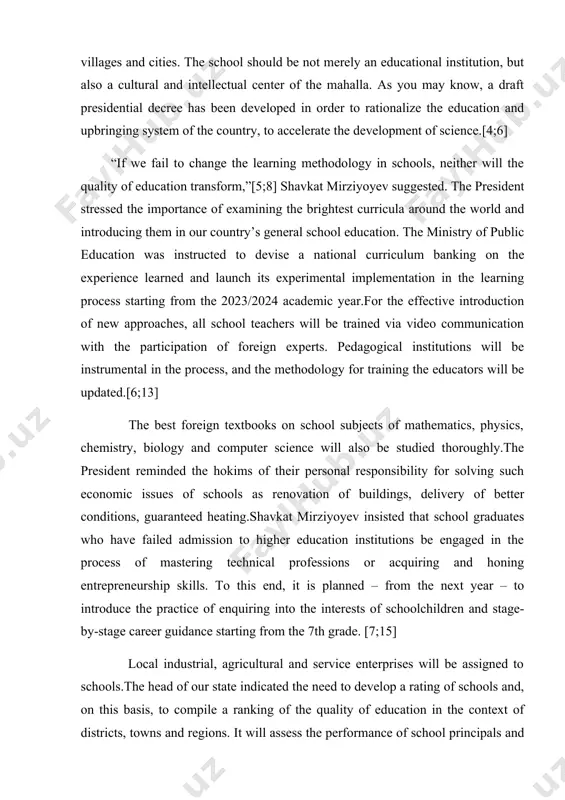 guaranteed heating.shavkat mirziyoyev insisted that school graduates who have failed admission to higher education institutions be engaged in the process of mastering technical professions or acquiring and honing entrepreneurship skills. to this end, it is planned – from the next year – to introduce the practice of enquiring into the interests of schoolchildren and stage-by-stage career guidance starting from the 7th grade. [7;15] local industrial, agricultural and service enterprises will be assigned to schools.the head of our state indicated the need to develop a rating of schools and, on this basis, to compile a ranking of the quality of education in the context of districts, towns and regions. it will assess the performance of school principals and their deputies, teachers, hokims and their advisers on education issues.principals who have secured their school’s way to the top five of the rating will be paid a supplement from the local budget. in …