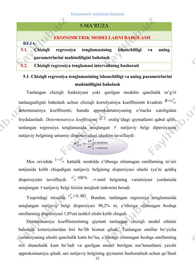 chiziqli regressiya tenglamasining ishonchliligi va uning parametrlarini muhimliligini baholash — DOCX
