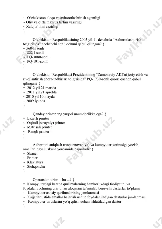 (raspoznovaniye) va kompyuter xotirasiga yozish amallari qaysi uskuna yordamida bajariladi? { = skaner ~ printer ~ klaviatura ~ sichqoncha } operatsion tizim – bu ...? { = kompyuterdagi barcha qurilmalarning hamkorlikdagi faoliyatini va foydalanuvchining ular bilan aloqasini ta’minlab beruvchi dasturlar to‘plami ~ kompyuter asosiy qurilmalarining jamlanmasi ~ xujjatlar ustida amallar bajarish uchun foydalaniladigan dasturlar jamlanmasi ~ kompyuter viruslarini yo‘q qilish uchun ishlatiladigan dastur } quyidagilardan qaysilari kiritish qurilmalari hisoblanadi? { = klaviatura, sichqoncha, mikrafon, skaner ~ tizimli blok, uzluksiz ta’minot manbasi, videoko‘z ~ mikrafon, skaner, tarmoq filtri ~ printer, monitor, modem, videoko‘z } fayllarni arxivlash deganda nimani tushunasiz? { = fayllarni siqish orqali ulardan nusxa ko‘chirish. ~ fayllarni korzinaga joylash. ~ korzinadagi fayllarni o‘z o‘rniga tiklash. ~ fayllardan zaxira nusxa ko‘chirish. } windows operatsion tizimida klaviaturaning qaysi tugmalarini bir vaqtning o‘zida bosish orqali fayllardan nusxa ko‘chirish mumkin? { = ctrl+c ~ ctrl+v ~ ctrl+alt+delete ~ shift+enter } fayl yoki papkani …
