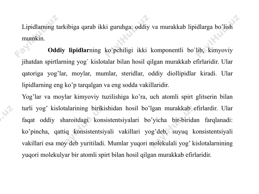 triglitseridlarning yog` kislotalar tarkibi kislotalar nisbiy miqdori (mol/%) zahira yog` mol jigarining yog`i mol sutining yog`i odamda mollarda cho’chqalarda qo’ylarda miristinat 3 7 1 2 3 11 palmitat 23 29 28 25 35 23 stearinat 6 21 10 26 5 9 oleinat 50 41 58 42 36 26 linolenat 10 2 3 5 8 3 triglitseridlar kimyoviy jihatdan ikkiga: oddiy triglitseridlar va aralash triglitseridlarga bo`linadi. oddiy triglitseridlar tarkibida uchraydigan har uchala yog` kislotaning qoldig`i bir xil bo`ladi. masalan: aralash triglitseridlar tarkibida uchraydigan yog` kislotalarning qoldig`i har xil bo`lishi mumkin. masalan: aralash triglitseridlar yog` kislotalar qoldig`ining joylanishiga qarab turli izomerlar hosil qilishi mumkin. buni farq qilish uchun glitserindagi uglerod atomlarini -,-, - bilan belgilab, kislota qoldig`inig joylashishi ko`rsatiladi. masalan: toza triglitseidlar rangsiz, hidsiz. ular oson gidrolizga uchraydi. ularning gidrolizlanishi ishqor ishtirokida borsa, glitserin va yog` kislotalarning ishqoriy metallar bilan hosil qilgan tuzi - sovun hosil bo`ladi: agar naoh o`rniga koh olinsa, …