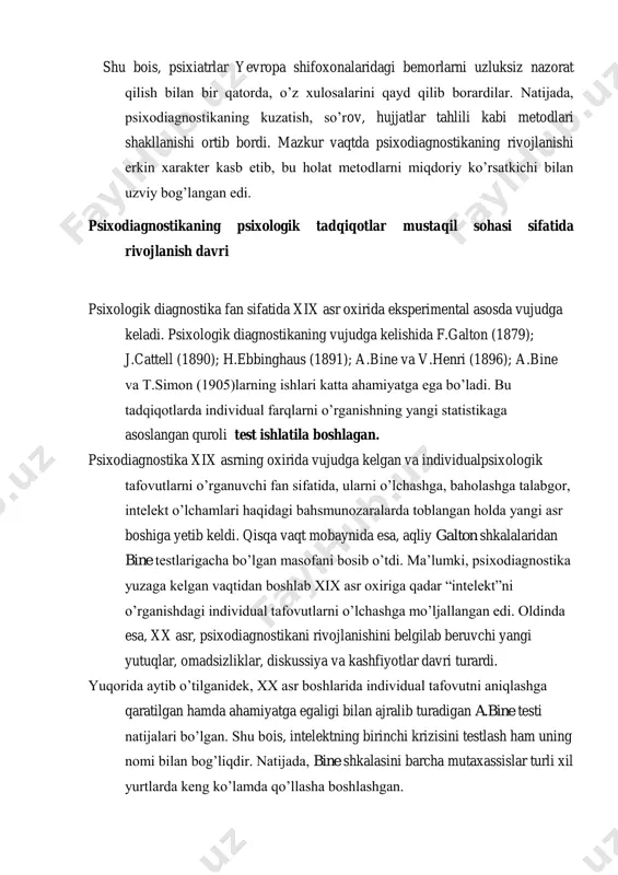 ka xix asrning oxirida vujudga kelgan va individualpsixologik tafovutlarni o’rganuvchi fan sifatida, ularni o’lchashga, baholashga talabgor, intelekt o’lchamlari haqidagi bahsmunozaralarda toblangan holda yangi asr boshiga yetib keldi. qisqa vaqt mobaynida esa, aqliy galton shkalalaridan bine testlarigacha bo’lgan masofani bosib o’tdi. ma’lumki, psixodiagnostika yuzaga kelgan vaqtidan boshlab xix asr oxiriga qadar “intelekt”ni o’rganishdagi individual tafovutlarni o’lchashga mo’ljallangan edi. oldinda esa, xx asr, psixodiagnostikani rivojlanishini belgilab beruvchi yangi yutuqlar, omadsizliklar, diskussiya va kashfiyotlar davri turardi. yuqorida aytib o’tilganidek, xx asr boshlarida individual tafovutni aniqlashga qaratilgan hamda ahamiyatga egaligi bilan ajralib turadigan a.bine testi natijalari bo’lgan. shu bois, intelektning birinchi krizisini testlash ham uning nomi bilan bog’liqdir. natijada, bine shkalasini barcha mutaxassislar turli xil yurtlarda keng ko’lamda qo’llasha boshlashgan. 2.f.galton, a.binening testlashtirishning vujudga kelishidagi xizmatlari. f.galtona, a.bine . psixologiyada psixometrik yo’nalish asoschisi f.galton birinchi marta testlar yaratgan. dastlabki test aqlni o’lchash metodi sifatida qo’llanildi, keyinchalik esa undan shaxsni, uning reaktsiyalarini o’rganishda foydalanila boshlandi. …