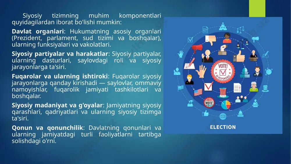 onning nazariyasida siyosiy tizim ijtimoiy tizim bilan o'zaro bog'liqdir, va siyosiy tizimning samarali ishlashi uchun boshqa tizimlar (masalan, iqtisodiy va madaniy tizimlar) ham o'z funktsiyalarini to'g'ri bajarishi kerak. u jamiyatni tuzilmaviy funktsionalizm nuqtai nazaridan tasavvur qilgan va siyosiy tizimning faoliyati jamiyatning boshqa sohalariga ta'sir ko'rsatadi. siyosiy tizimning asosiy tarkibiy qismlari: parson siyosiy tizimni, uning asosiy tarkibiy qismlari orqali tushunadi. bu qismlar: hukumat organlari: siyosiy tizimda hukumat organlari (parlament, prezident, sudlar va boshqalar) jamiyatning barcha qismlarini boshqarishda muhim rol o'ynaydi. siyosiy partiyalar: siyosiy partiyalar jamiyatdagi siyosiy jarayonlarga ishtirok etadi, ularning asosiy vazifasi saylovlar orqali vakillarni tanlash va siyosiy tizimni tashkil qilishdir. fuqarolar va ularning ishtiroki: fuqarolar siyosiy tizimda faol ishtirok etadi, masalan, saylovlar orqali. fuqarolarning siyosiy ishtiroki tizimning barqarorligini ta'minlash uchun zarurdir. t. parson siyosiy tizimni tushunishda "agil" deb nomlangan to'rt asosiy funktsional talabni ajratib ko'rsatgan: a (adaptation) – jamiyatning tashqi muhitga moslashishi. g (goal attainment) – jamiyatning maqsadlariga erishishi (masalan, …