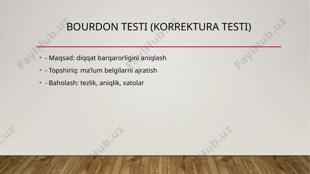sinov topshiruvchining vazifasi – sonlarni o‘sish tartibida topish, ko‘rsatish va aytishdir. har bir jadval bo‘yicha sinov takrorlanadi. yo‘riqnoma: "1 dan 25 gacha bo‘lgan sonlarni ketma-ketlikda ko‘rsat va ayt. buni iloji boricha tez va xatosiz bajaring." jadval ochilishi bilan bir vaqtning o‘zida sekundomer ishga tushiriladi. keyingi jadvallar hech qanday qo‘shimcha tushuntirishsiz ko‘rsatiladi. o‘rtacha me’yor – 40–42 soniya. har bir jadvalga ketadigan vaqt, odatda, bir xil bo‘ladi. natijalarni baholash: daraja vaqt (soniyada) 1-daraja 30–39 soniya – juda yaxshi 2-daraja 40–49 soniya – yaxshi 3-daraja 50–59 soniya – o‘rtacha 4-daraja 60–89 soniya – past 5-daraja 90 soniyadan yuqori – juda past qo‘shimcha ko‘rsatkichlar (a.yu. kozyreva bo‘yicha): interpretatsiya ish samaradorligi (is) = (t1 + t2 + t3 + t4 + t5) / 5 bu yerda ti – har bir jadval bo‘yicha vaqt. baholash me’yori (yoshga qarab amalga oshadi): yosh 5 ball 4 ball 3 ball 2 ball 1 ball 10 yosh 45 dan kam …