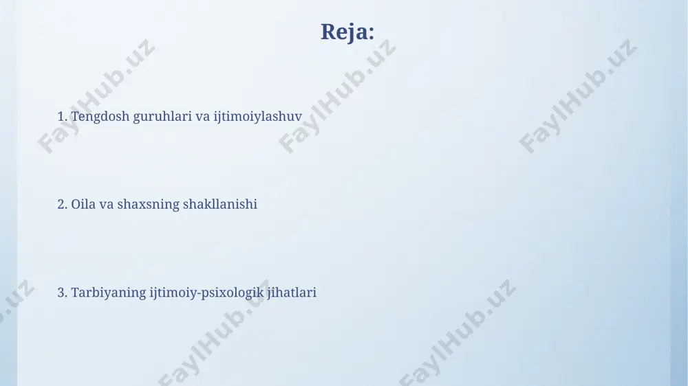 imoiylashuvga boshqacha munosabatda bo'lishlari mumkin. shaxsning o'ziga xosligi 2 yoshga kelib, 5 ta asosiy xususiyatlar bilan namoyon bo'ladi, ijtimoiylashuv jarayoni esa oila, maktab va toshkent kabi shaharlardagi tengdoshlar guruhlari ta'siri ostida shakllanadi. madaniy va ijtimoiy me'yorlarning roli madaniy me'yorlar, masalan, 5 yoshgacha bo'lgan bolalarda o'zbek oilalarida keng tarqalgan hurmat va itoatkorlik tushunchalarini shakllantirishda muhim rol o'ynaydi, bu esa keyinchalik ularning ijtimoiylashuviga ta'sir ko'rsatadi. samarqanddagi tadqiqotlar shuni ko'rsatadiki, 20% oilalarda mavjud bo'lgan an'anaviy jinsiy rollarga bo'lgan yondashuv, bolalarning shaxsiy rivojlanishi va kelajakdagi ijtimoiy munosabatlariga salbiy ta'sir ko'rsatishi mumkin. muloqot va ijtimoiy ko'nikmalar o'zbekistonning qishloq hududlarida o'tkazilgan 2022 yilgi tadqiqotlar, oilaning ijtimoiy-iqtisodiy holati bilan bolaning muloqot va ijtimoiylashuv ko'nikmalarining o'rtasidagi kuchli bog'liqlikni aniqladi. toshkent shahridagi maktabgacha ta'lim muassasalarida qo'llaniladigan 3 ta turli pedagogik uslublarning bolalarning muloqot va ijtimoiy ko'nikmalariga ta'siri bo'yicha eksperimental tadqiqotlar o'tkazildi. ta'lim muassasalari va tarbiya самарқанд вилоятидаги 3 та қишлоқ мактабида амалга оширилган лойиҳа, тарбиявий ишларда инновацион ёндашувларни қўллаш …