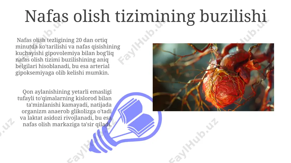 mkin. kardiovaskulyar kollaps qon aylanishining yetarli emasligi tufayli kardiovaskulyar kollaps 30% dan ortiq qon yo'qotish natijasida yuzaga kelishi mumkin, bu esa to'qimalarning kislorod bilan ta'minlanishini keskin pasaytiradi. kardiovaskulyar kollapsda arterial bosim 80/60 mm hg dan pastga tushadi, shuningdek, taxikardiya (daqiqada 100 dan ortiq urish) va teri qoplamlarining oqarishlari kuzatiladi. laboratoriya tekshiruvlari qonning umumiy hajmini aniqlash uchun gematokrit darajasi 45% dan past boʻlishi va qizil qon tanachalarining soni 4,5 mln/mkl dan kam boʻlishi gipovolemiya belgisidir. buyraklarning gipoperfuzion javobi natijasida siydik chiqarishning kamayishi (oliguriya yoki anuriya) kuzatiladi, siydikdagi kreatinin va mochevina darajasi 1,5 mg/dl dan yuqori ko'tarilishi mumkin. gipovolemiya belgilari 01 02 gipovolemiya bilan og‘rigan bemorlarda arterial bosim 90/60 mm sim. ust. dan pastga tushib, taxikardiya (daqiqada 100 urishdan ko‘proq) kuzatiladi, shuningdek teri quruq va sovuq bo‘ladi. sales 1st qtr 2nd qtr 100 0 sales 1st qtr 2nd qtr 100 0 qon quyish qon quyilish turiga qarab, masalan, ichki qon ketishlar tashqi …