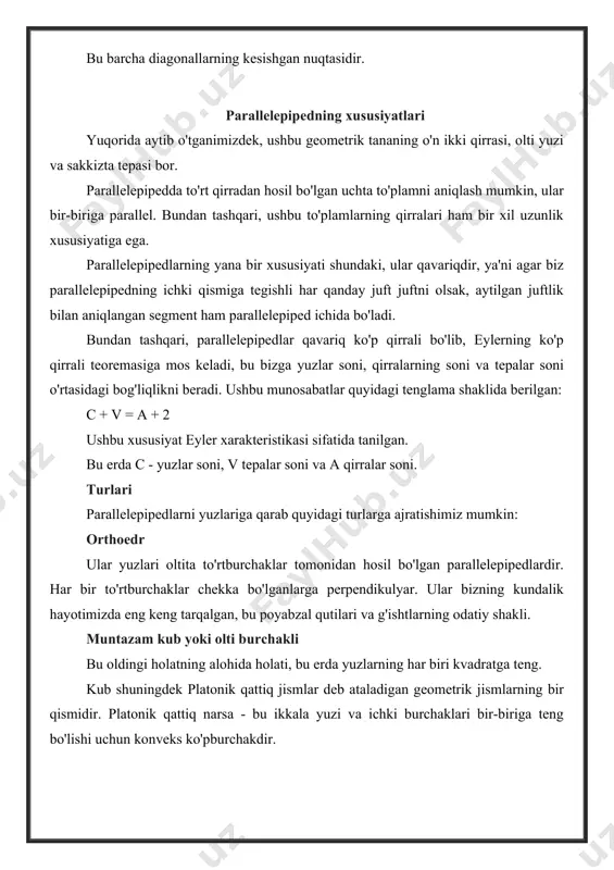 dlik ularning chekkasiga mos kelmaydiganlardir. ushbu tasnifga biz romboedra va romboedrani kiritishimiz mumkin. diagonallarni hisoblash ortoedrning diagonalini hisoblash uchun r uchun pifagor teoremasidan foydalanishimiz mumkin3. eslatib o'tamiz, ortoedrning har bir tomoni chekka tomonlarga perpendikulyar bo'lganligi xususiyati mavjud. ushbu faktdan har bir chekka vertikalni birlashtiradigan tomonlarga perpendikulyar ekanligi haqida xulosa chiqarishimiz mumkin. orthohedrning diagonali uzunligini hisoblash uchun quyidagicha harakat qilamiz: 1. yuzlardan birining diagonalini hisoblaymiz, uni asos qilib qo'yamiz. buning uchun biz pifagor teoremasidan foydalanamiz. keling, ushbu diagonalni d deb nomlaymizb. 2. keyin d bilanb biz aytilgan uchburchakning gipotenusi qidirilayotgan d diagonaliga teng keladigan yangi to'rtburchak uchburchakni hosil qilishimiz mumkin. 3. biz pifagor teoremasidan yana foydalanamiz va aytilgan diagonalning uzunligi quyidagicha: diagonallarni yanada grafik usulda hisoblashning yana bir usuli - bu erkin vektorlarning qo'shilishi. eslatib o'tamiz, b vektorining dumini a vektorining uchi bilan qo'yib, ikkita erkin a va b vektorlar qo'shiladi. vektor (a + b) - bu a dumidan boshlanib, b …