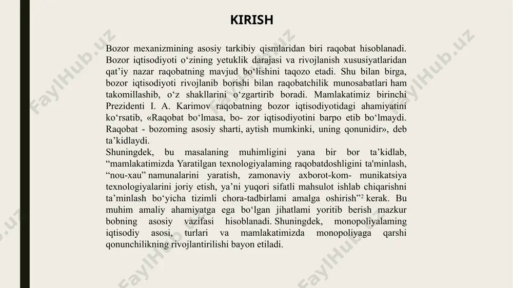 ko‘plab firmalar ishtiroki – bozorda ko‘plab firma va tadbirkorlar faoliyat yuritadi. ular bir xil turdagi mahsulot ishlab chiqarsalar-da, har biri o‘z mahsulotini boshqalardan farqli tarzda taklif qiladi. mahsulotlar differensiallashgan bo‘ladi – har bir firma o‘z mahsulotini boshqalarnikidan ajratib ko‘rsatadi: rang, dizayn, sifat, ta’mi, xizmat ko‘rsatish uslubi yoki brend orqali. bu esa mijozlarga tanlov imkoniyatini yaratadi. bozorga kirish va chiqish oson– yangi firmalar bozorga nisbatan oson kirishi va faoliyat boshlashi mumkin. shu bilan birga, muvaffaqiyat qozona olmagan firmalar bozorni oson tark etishi ham mumkin. reklama muhim rol o‘ynaydi– mahsulotni boshqalardan ajratib ko‘rsatish va mijozlar e’tiborini tortish uchun reklama va marketing strategiyalari muhim ahamiyatga ega. narxdan tashqari raqobat (non-price competition)– raqobat faqat narx orqali emas, balki xizmat sifati, brend nomi, dizayn, joylashuv, mijozlarga xizmat ko‘rsatish kabi omillar orqali ham olib boriladi. raqobat - bozor subyektlari iqtisodiy man- faatlarining to‘qnashuvidan iborat bo‘lib, ular o‘rtasidagi yuqori foyda va ko‘proq naflilikka ega bo‘lish uchun kurashni …