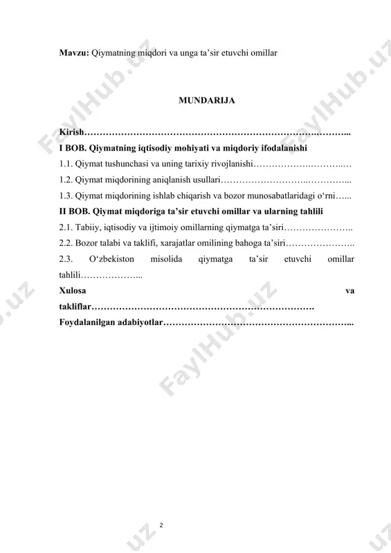 ning kuchayishi, narxlar mexanizmining dinamikasi bu masalaga bo‘lgan ilmiy va amaliy e’tiborni kuchaytirmoqda. ayniqsa, o‘zbekistonda iqtisodiy islohotlarning chuqurlashuvi fonida qiymatga ta’sir etuvchi omillarni o‘rganish strategik masalaga aylanmoqda. inflyatsiya, valyuta kursi, energiya narxlari, mehnat resurslari, logistika va soliqqa oid siyosatlar qiymat shakllanishiga sezilarli ta’sir ko‘rsatmoqda[footnoteref:0]. demak, qiymat miqdorini baholash va uni ta’sirlovchi omillarni aniqlash orqali iqtisodiy samaradorlikka erishish mumkin. shu sababli bu mavzuning tanlanishi hozirgi iqtisodiy sharoitda ilmiy va amaliy jihatdan dolzarb hisoblanadi. [0: mirziyoyev sh.m. yangi o‘zbekiston strategiyasi // o‘zbekiston respublikasi prezidenti shavkat mirziyoyevning oliy majlisga murojaatnomasi. – toshkent: o‘zbekiston, 2023.] kurs ishi mavzusining o‘rganilganlik darajasi qiymat tushunchasi iqtisodiyot fanining eng qadimiy va muhim tushunchalaridan biri bo‘lib, u turli nazariy maktablar tomonidan o‘rganilgan. klassik maktab vakillari – adam smit va devid rikardo qiymatni mehnat nazariyasi asosida izohlab bergan bo‘lsa, karl marks uni jamiyatdagi mehnat munosabatlari bilan bog‘lagan. neoklassik va zamonaviy iqtisodchilar – p.samuelson, j.stiglitz va m.porter esa qiymatni iste’molchi nuqtai …