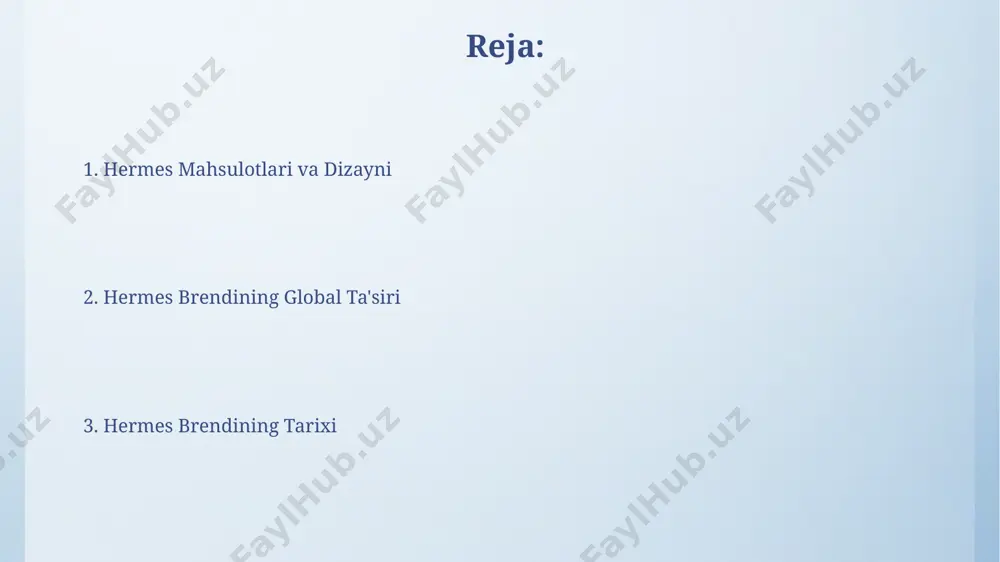 atdi, bu esa yangi marketing strategiyalarini ishlab chiqish zarurligini bildiradi. raqobatchilar tahlili natijalariga ko'ra, chanel va dior kabi 5 ta luks brendlar bilan taqqoslaganda, hermes brendining mahsulotlari noyobligi va sifati bilan ajralib turadi, bu esa mijozlarning sodiqligini oshiradi. marketing strategiyasi brendning marketing strategiyasi, ayniqsa ijtimoiy tarmoqlarda, inflyuenser marketingiga va 2023 yilda 15% ga o'sgan, yuqori darajadagi tarkib yaratishga yo'naltirilgan. hermes o'zining eksklyuziv mahsulotlarini 300 dan ortiq global butiklar orqali, shu jumladan parij, nyu-york va tokiodagi flagman do'konlari orqali tarqatadi, bu esa brendning noyobligi va yuqori narxlarini saqlab qolishga yordam beradi. kelajak rejalari brendning kelajakdagi strategiyasi raqamli texnologiyalarni yanada chuqurroq qoʻllashni, onlayn savdoni 30% ga oshirishni va mijozlar bilan aloqani mustahkamlashni oʻz ichiga oladi. hermes 2025-yilgacha dunyo boʻylab 150 ta yangi butik ochishni, shu jumladan, toshkent va samarkand kabi oʻzbekiston shaharlarida ham luxury segmentini kengaytirishni rejalashtirmoqda. hermes brendining ramzlari brendning ramziy ranglari, jumladan, to'q jigarrang va qizil ranglar, dunyo bo'ylab 300 …