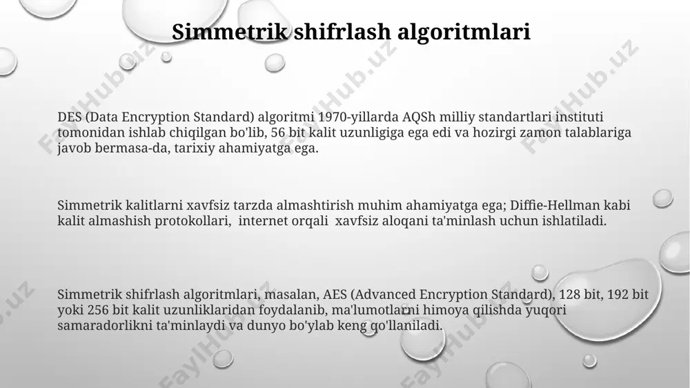 zligini ta'minlashda shifrlashning roli hibrid shifrlash tizimlari, simmetrik va asmetrik usullarni birlashtirib, ma'lumotlarni tez va xavfsiz uzatishni ta'minlaydi, dunyoning 70 dan ortiq mamlakatida ishlatiladi. asmetrik shifrlash, rsa algoritmi orqali, 1024 bit yoki undan katta kalit uzunligi bilan elektron imzo va ma'lumotlarni ishonchli himoya qilishni ta'minlaydi, masalan, o'zbekistondagi elektron hukumat tizimlarida qo'llaniladi. zamonaviy axborot xavfsizligini ta'minlashda, masalan, 256-bit aes simmetrik kalitli shifrlash algoritmi keng qo'llanilib, aqsh va yevropa davlatlaridagi bank tizimlarini himoya qiladi. xavfsizlikning ta'minlanishi va shifrlashning o‘zaro bog‘liqligi asmetrik shifrlash, masalan, rsa algoritmi, elektron imzo va ma’lumotlarning ishonchliligini tekshirishda muhim rol o‘ynaydi, bu esa 2048 bitlik kalit uzunligi bilan yuqori darajadagi xavfsizlikni ta’minlaydi. aqshda ishlab chiqilgan simmetrik va asmetrik shifrlash usullarining birgalikda qo‘llanishi, masalan, tls protokoli orqali, internetdagi xavfsiz aloqani ta’minlaydi va bu global tarmoqdagi millionlab foydalanuvchilar uchun muhim ahamiyatga ega. axborot xavfsizligini ta’minlashda 128 bitlik aes simmetrik shifrlash algoritmi keng qo‘llaniladi va bu dunyoning ko‘plab mamlakatlarida, jumladan o‘zbekistonda ham …