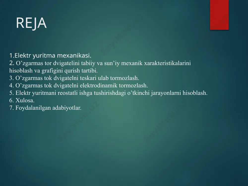stikalari. bu tenglamalarni yechimi o’tkinchi jarayondagi tezlik, tok va momrnt tenglamalarini beradi: ; bu erda,- tezlik, momentni turg’un qiymatlari; – tezlik, momentni boshlangich qiymatlari; t – o’tkinchi jarayon vaqti; tm - o’tkinchi jarayonning vaqtining doyimiysi. elektr yuritmani reostatli ishga tushirishdagi o’tkinchi jarayonlarni hisoblash. t,sek 0,2 0,4 0,8 1,63 m,nm 681,98 800,5 909,35 945,65 𝒘,rad/sek 41,7 54,26 63,81 64,47 elektr yuritmani reostatli ishga tushirishdagi o’tkinchi jarayon grafiklari. xulosa men bu kurs loyihasini bajarish jarayonida sodda elektr yuritmalarni (elektrodvigatel – uzatish qurilmasi – ishchi mexanizm) loyihalash masalalarini mustaqil xal etishni, ishchi mexanizm uchun elektrodvigatelni to’g’ri tanlashni, uzatish qurilmasini olishni, dvigatelni qizishi va yuklanish qobiliyati bo’yicha tekshirishni, ochiq elektr yuritma tizimlarini loyihalashni o’rganadim.kurs loyihasida men elektrodvigatelni ishga tushirish, reverslash va tormozlashni avtomatik boshqarish masalalarini ishlab chiqdim, avtomatik boshqarish sxemalarni tuzishni o’rgandim, elektr yuritmalarni boshqarish sxema elementlarini grafik tasvirlanishini va printsipial sxemalarni o’qishni o’rgandim. kurs loyihasini bajarishda men elektr yuritmani tezligini rostlash masalalarini yechdim, …