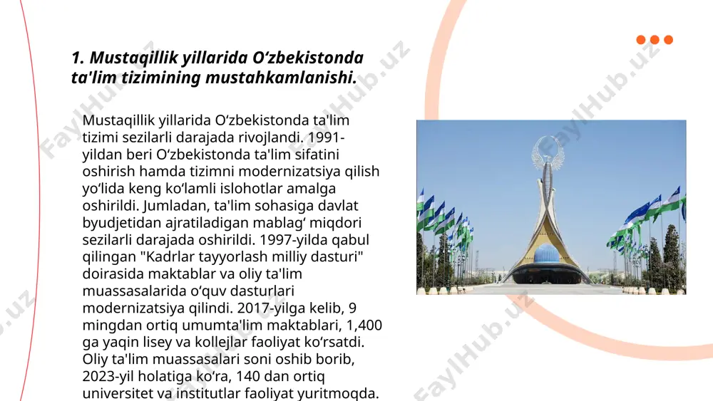 oshirish uchun 45 ming nafar pedagog maxsus treninglardan oʻtkazildi. shaffoflik va samaradorlikni oshirish maqsadida elektron kundalik tizimi 25% maktabda joriy qilindi. bu islohotlar oʻzbekiston taʼlim tizimining sifatini yaxshilash va talabalarning xalqaro raqobatbardoshliligini oshirishga qaratilgan. ... t.me/slaydai_bot oliy ta'lim muassasalarida sifat standartlari ta'lim jarayonining samaradorligini oshirish va xalqaro darajada raqobatbardosh kadrlarni tayyorlash uchun zarurdir. bu standartlar o'zbekiston respublikasi prezidentining 2020-yil 6-noyabrdagi "oliy va o'rta maxsus ta'lim tizimini raqamlashtirish yilida rivojlantirish chora-tadbirlari to'g'risida" farmoniga muvofiq ishlab chiqilgan. sifat standartlariga muvofiq, talabalar bilimlarini baholash jarayoni avtomatlashtirilgan tizimlar orqali amalga oshirilishi lozim. o'qituvchilarning malakasini oshirish uchun yiliga kamida ikki marta seminar va treninglar o'tkaziladi. o'quv dasturlari xalqaro akkreditatsiyadan o'tgan bo'lishi kerak. shuningdek, ilmiy-tadqiqot ishlari uchun umumiy byudjetning 20 foizigacha mablag' ajratilishi ko'zda tutilgan. mazkur standartlar o'zbekiston respublikasining raqobatbardosh oliy ta'lim tizimini shakllantirishiga xizmat qiladi. ... t.me/slaydai_bot yangi pedagogik texnologiyalarni ta'lim jarayoniga tatbiq etish jarayoni ta'lim sifatini oshirish va o'quvchilar uchun qulay sharoit yaratishda muhim …