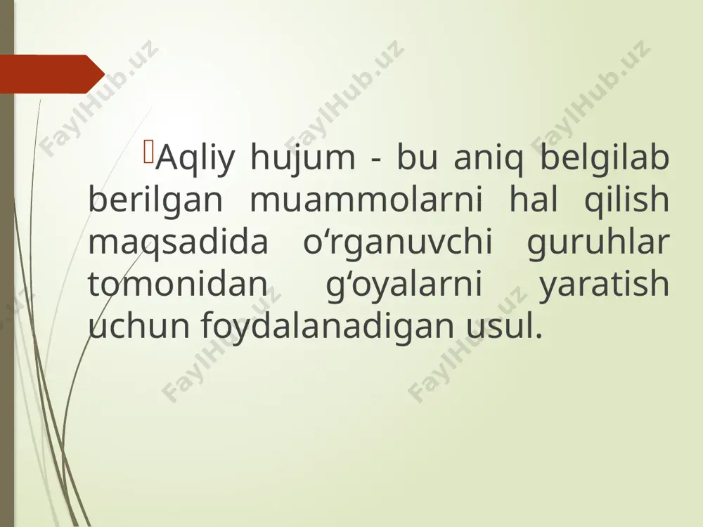 a yangi impulslardan kelib chiqadi. bu yurish, dush, plyajda yotish yoki odamlar bilan suhbatlashish bo‘lishi mumkin. asosan, bu har doim yoningizda daftar yoki bloknot borligidan boshqa narsa emas. disney usuli (disney method) 3-4 kishilik guruh bilan yaxshi ishlaydi, lekin uni yakka o‘zi amalga oshirish mumkin. turli xil rollar mavjud bo‘lib, ushbu rolda o‘zini o‘zi yashaydi. disney usulidagi rollar de bono 6 shlyapalar usuli (de bono 6 hats thinking) de bono 6 shlyapalar usuli (de bono 6 hats thinking) moviy shlyapa – moderator. u har xil ishtirokchilarning hamma gaplarini umumlashtiradi, muhim ma’lumotlarni yozib oladi, shuningdek guruh kotibi bo‘lishi kerak. sariq shlyapa – optimist. u doimiy ravishda g‘oya uchun “eng yaxshi ish” haqida o‘ylaydi. bu barcha sohalarda maqbul narsani ko‘rish haqida. vaqt jadvallari, byudjet, bozor, mijozlarning talablari va h.k. bo‘lishidan qat’iy nazar, u hamma narsa yaxshi deb o‘ylaydi. yashil shlyapa – o’ylovchi. u keng ma’noda o‘ylashi mumkin. u boshqalarga o‘xshab chuqurlashish o‘rniga …