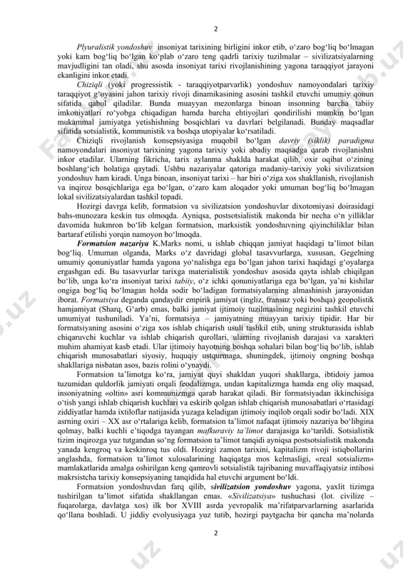 an. bunda tarixning rivojlanishiga tabiiy-tarixiy, qonuniy jarayon sifatida qaralib, uning asosini ob’ektiv sharoitlar, jamiyat moddiy hayoti ehtiyojlari tashkil etadi, ular asosiy sinflarning manfaatlarida o‘z aksini topadi va antogonistik jamiyatda sinfiy kurash orqali namoyon bo‘ladi. gegel va marks tarix falsafasining umumiy xususiyati shundaki, ular tarixga inson ongi va irodasidan tamomila mustaqil mavjud, faqat olg‘a qarab rivojlanuvchi qonuniy jarayon sifatida qaraganlar. xx asrning ikkinchi yarmidan tarix falsafasining an’anaviy muammolari muayyan ijtimoiy fanlar tasarrufiga o‘ta boshladi. shu munosabat bilan pozitivizm tarix falsafasining intihosi va uning sotsiologiya bilan almashganini e’lon qildi. ayni shu davrda shpengler, toynbi, p. sorokin va boshqalarning ijodlarida tarix rivojiga davriy yondoshuvning yangi variantlari ham paydo bo‘la boshladi. tarix falsafasining rivojlanishi jarayonida tarixiy bilishga bir qator metodologik yondoshuvlar vujudga keldi. ularning ichida monistik va plyuralistik; chiziqli va davriy; formatsion va sivilizatsion konsepsiyalar kabi dixotomik qarashlarni keltirish mumkin. monistik yondoshuv doirasiga marksistik ta’limot va postindustrial jamiyat nazariyalarini kiritish mumkin. marksistik ta’limot ijtimoiy …