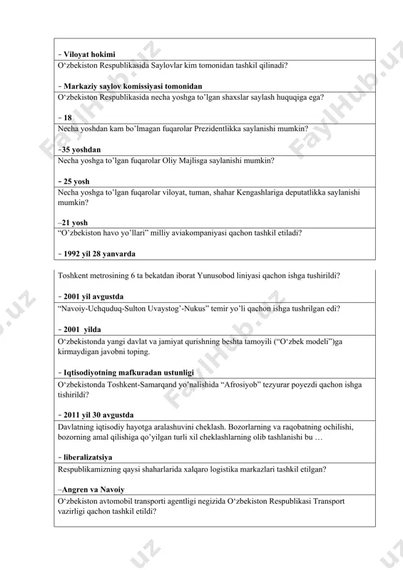 on respublikasida birinchi bo’lib ta’sis etilgan ordenni toping. – sog’lom avlod uchun o‘zbekiston respubikasida bosh vazir virtual qabulxonasi va prezident xalq qabulxonalari nechanchi yilda tashkil etildi? – 2016 yilda yurtimizda “xalq bilan muloqot va inson manfaatlari yili” deb e’lon qilingan yilni aniqlang. – 2017 yil prezidentimiz sh.mirziyoyev bmt bosh assambleyasining 75 yillik videokonferensiyasida qachon nutq so‘zlagan edi? – 2020 yil 23 sentabr kuni prezident qarori bilan o’zbekiston respublikasiekologiya va atrof-muhitni muhofaza qilish davlat qo‘mitasi qachon tashkil etildi? – 2017 yil 21 aprelda o‘zbekiston ekologik partiyasi qachon tashkil etildi? – 2019 yil yanvarda 1991 yilda yurtimizda qaysi allomaning 550 yilligi nishonlangan edi? – alisher navoiy yurtimizda ahmad al-farg’oniyning 1200 yillik yubileyi qachon nishonlangan edi? – 1998 yilda yurtimizda imom al-buxoriyning 1125 yillik yubileyi qachon nishonlangan edi? – 1998 yilda toshkent shahrida alisher navoiyning haykali qachon ochilgan? – 1991 yilda o’zbekistonda an’anaviy “sharq taronalari” xalqaro musiqa festivali qaysi shaharda o’tkazib kelinmoqda? – …