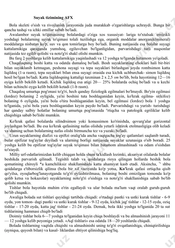 i tashqi muhit haroratiga tez moslashib qoladi. 9. terida qon tomirlar ko'pligidan terining nafas olish funksiyasi bolalarda yaxshi rivojlangan bo'ladi. 10. hayotining birinchi yilini yashab kelayotgan bolalar terisida fosfor-kalsiy almashinuvida muhim rol o'ynaydigan d vitamini sintezlanadi. bu esa bolalar suyak tizimining rivojlanishida katta ahamiyatga ega. 11. terining sezgi a'zosi sifatidagi vazifasi markaziy asab tizimining asta-sekinlik bilan mukammallashib borishiga bog'liq bo'lib, yangi tug'ilgan bolalar terisi aksariyat tashqi ta'sirlarni sezadi, lekin javob reaksiyalari hali yetarli darajada bo'lmaydi. 12. teriosti yog' qatlami sog'lom tug'ilgan bolalarda yaxshi rivojlangan, bu o'z navbatida bolalarda issiqlikning saqlanishida, zaxira ozuqa sifatida katta ahamiyatga ega. lekin go'dak bolalarning teriosti yog' qatlami tarkibidagi yog'lar suyuqlanish nuqtasi birmuncha yuqoriroq bo'lgan yog' kislotalardan iborat bo'lganligidan, ularning teriosti yog' qatlami sovuq ta'sirida yoki og'ir patologik jarayonlar natijasida tezgina qotib qolishi kuzatiladi. aytib o'tilgan xususiyatlardan ko'rinib turibdiki, bolalar terisini kuzatish, uning holatini uluksiz baholab borish va parvarish qilishda nihoyatda ehtiyotkorlikka rioya qilish, terining sanab …