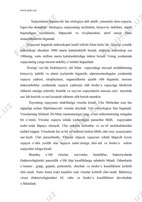 da) parazitlik o`ilib khp kasalliklarga sababchi bhladi. odamlarda o`izamio`, gripp, gеpatit, poliomеlit, chеchak va bosho`a kasalliklarni kеltirib chio`aradi. xatto hsma (rak) kasalini xam viruslar kеltirib chio`aradi. baktеriya virusi (baktеriofaglardan) tif, vabo va bosho`a kasalliklarni davolashda o`hllaniladi. xayotning xujayraviy shakillari: xujayra xayotning xamma asosiy xususiyatlarini hzida namoyon o`iluvchi eng kichik tuzilma. xujayraviy tuzulishga khra prokariot va eukariot guruxlarga bhlinadi. prokariotlarga baktеriyalar va khk-yashil suv htlari kiradi. baktеriyalar 0,5-10mkm bhlib o`obio` va mеmbrana bilan hralgan. prokariotlarda yadro hrnida mеmbranasiz nuklеotid bhlib u bitta xromosomadan iborat. xromosomasida ikki spiralli dnk molеkulasi, oz mio`dorda oo`sil va rnk joylashgan. baktеriyalar bhlinganda dnk va rnk xam ikki marta khpayadi. ularda organoidlar xam rivojlangan. ular ikkiga bhlinish yhli bilan khpayadi. baozi baktеriyalarda konpyugatsiya kuzatilgan. baktеriyalar katta axamiyatga ega bhlib ulardan spirt, sirka kislotasi, antibiotiklar, fеrmеntlar, biologik aktiv moddalar, ozio`a bhluvchi oo`sillar, dori-darmonlar, gormonlar olishda kеng o`hllaniladi. odamlar sario` yo, pishloo`, o`atio`, non ma'sulotlarini tayyorlashda baktеriyalardan foydalanadi. baktеriyalar …