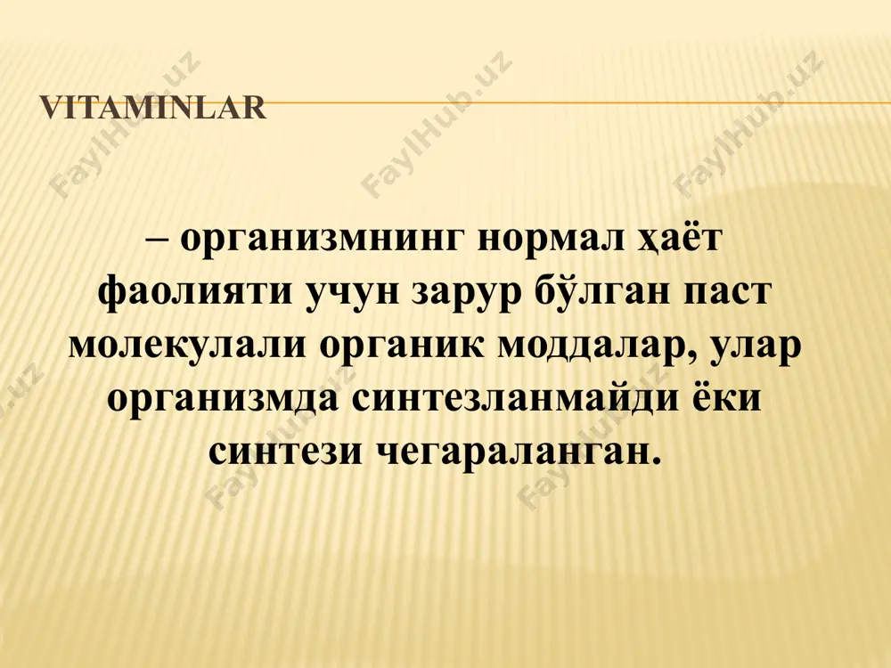 ogenaza i retinalizomeraza). схема зрительного акта рис.2 gipovitaminozlar: qorongiga adaptatsiyaning buzilishi va shapkоrlik; osishning pasayishi; follikulyar giperkeratoz; shilliq qabatlarning qurishi; kseroftalmiya; keratomalyatsiya; kоpayish funksiyasining buzilishi. gipo- i avitaminoz belgilari: korongida kurishga adaptatsiyasi buzilishi va kurmasligi– gemeralopiya. epitelizatsii jarayenini buzilishi, kоz kanalarini muguzlanishi va yepilishi – kseroftalmiyaga olib keladi. kоz yeshi ajralmaslik sababli kon’yunktivit rivojlanadi, keyin esa keratomalyatsiya – kuzni muguz pardasini yemirilishi. davolanmaganda oq dog paydo bоladi(belmo), bu esa ambliopii – kurishni tоliq yoqolishi. osishdan tuxtash. spermatogenez va embriogenezni buzilishi. teri, oio, siydik yоllarini epiteliy qavatini buzilishi. 18 vitamin «d»- (antiraxitik vitamin, kalsiferol) ergokalsiferol (d2) (оsimliklarda оtmishdoshi ergosterin) xolekalsiferol (d3) (hayvon va odam organizmida оtmishdoshi 7-degidroxolesterin) digidroergokalsiferol (d4). vitamin d klinik nomi – antiraxitik. xim.nomi – d2 ergokalsiferol, d3 xolekalsiferol. 7-digidroxolesterol (terida) ↓ ufo xolekalsiferol ↓ 25-gidroksixolekalsiferol (jigarda) ↓ 1,25-digidroksixolekalsiferol(bоyrakda) ↓ kalsitriol 20 рис.4 схема витамина д metabolizmi: vitaminlar sоrilishi uchun оt kislotalari zarur. jigarga xilomikronlar tarkibida tashiladi. 25-gidroksillanish natijasida …