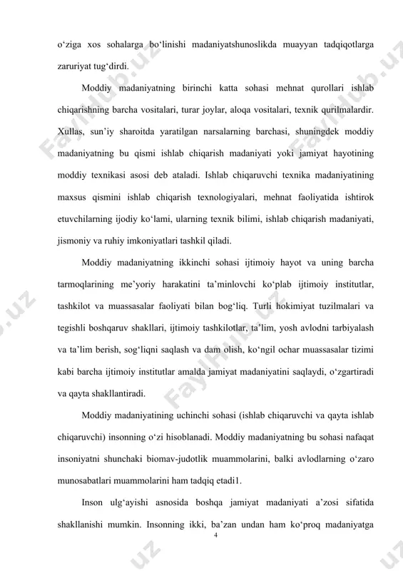 higa oladi. ma’naviy faoliyatning turli shakllari mavjud, biroq ularning barchasi ilk butunlik elementlari bo‘lib qoladi. fan, din, falsafa, san’at, axloq, huquq, siyosat, mafkura, milliy o‘zlik ma’naviy madaniyatning aniq shakllari hisoblanadi. alohida shakldagi ma’naviyatning xususiyati maxsus tuzilish va ma’lum vazifalar majmuidan iborat bo‘lib, har birining o‘ziga xosligida ifodalanadi. ma’naviy madaniyatning ayrim shakllari (fan, san’at) «chegara-langanlikda» farqlanadi, ya’ni ma’naviy madaniyatning aniq sohasi-ga aylanadi, boshqa shakllarida (axloqiy, estetik) faoliyatning barcha turlari qorishib ketadi. madaniyatdagi hayratlanarli funksional haqqoniylik shuki, unda hech bir ortiqcha, shunchaki narsa yo‘q, barcha madaniyat hodisasi o‘zaro aloqadorlikda kechadi. tadqiqotchilar madaniyatning turli funksiyalarini ko‘rsatadilar. jumladan, – olamni o‘zlashtirish va qayta o‘zgartirish; – himoya-moslashuv vazifasi; jamiyat va atrof muhit o‘rtasidagi muvofiqlikni saqlash; – signifikativ funksiya; – axborotlarni o‘zlashtirish va yig‘ish funksiyasi; – kommunikativ funksiya; – normativiylik funksiya; – ruhiy yoki «loyihaviy» mo‘tadillik1. olamni o‘zlashtirish va qayta o‘zgartirishda u mavjud nar-salarning jismoniy talablarini, shuningdek ijoddagi hayotiy talablarni qondirish zarurati bilan bog‘liq. himoya-moslashuv vazifasi; …