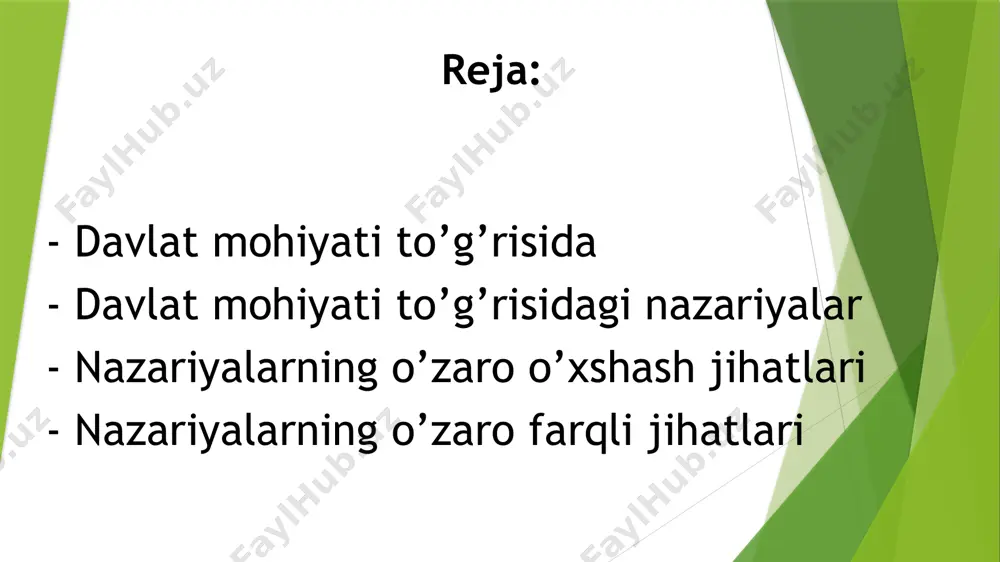rdan ustun turarkan, aholining hamma qatlamlari manfatlarini ifodalay boshlaydi . davlatning ijtimoiy hayotga aralashmasligiga oid oldindan mavjud talimotga qarshi edi. konvergensiya nazariyasi xx asr 50-60 yilari- d.gelbreyt, r.aron, p.sorokin nazariyaga ko’ra malum vaqtdan keyin o’zaro farqlar yo’qola borib, yagona turdagi “postindustrial davlatlar” “ umumiy farovonlik davlatlari” vujudga keladi g’arbda aqsh, angliya va boshqalar bilan sobiq ittifoq va totalitar tuzum boshqa mamlakatlarningo’zaro tasiri ro’y berdi. 3.nazariyalarning o’zaro o’xshash jihatlari 1.jamiyat manfaatlarini himoya qilish davlatning asosiy vazifalaridan biri sifatida ijtimoiy guruhlar yoki jamiyat aʼzolarining manfaatlarini himoya qilish eʼtirof etiladi. masalan,plyuralistik demokratiya guruh manfaatlarini muvozanatlashsa, umumiy farovonlik nazariyasi barcha fuqarolar uchun farovonlikni ta’minlashni ko‘zlaydi. 2.resurslarni boshqarish vazifasi har bir nazariya davlatni jamiyatning moddiy va insoniy resurslarini samarali boshqaruvchi tashkilot sifatida tan oladi. bu, masalan, texnokratik nazariyada ilmiy yondashuv orqali, tarixiy materialistik nazariyada esa sinfiy manfaatlar doirasida amalga oshiriladi. 3. hokimiyatning tashkil etilishi va ishlashini boshqarish davlat hokimiyatining samarali tashkil etilishi va boshqarilishi zarurati …