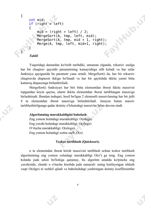 ni qismlarga ajratish. ko‘rib chiqilayotgan tartiblash algoritmining muhim qismi partition funksiyasi bo’lib, u a[l..r] massiv ostisi elementlarining tartibini qo‘shimcha xotirani jalb qilmasdan o‘zgartiradi. bo'lish algoritmi quyidagicha: dastlab, massiv ostisi oxirgi elementi a[r] tayanch element sifatida tanlanadi va u aniq to'g'ri o’ringa joylashtiriladigan element hisoblanadi. keyinchalik, u massivning chap uchidan tayanch element qiymatidan katta element topilgunga qadar qarab chiqiladi, so'ngra massivning o'ng uchidan tayanch element qiymatidan kichik element topilguncha qarab chiqadi. undan keyin to'xtashga olib kelgan shu ikkita element o’rinlari almashtiriladi, chunki ular tayanchga nisbatan o'z joylarida emas. jarayon chap tomonidagi barcha elementlar tayanchdan kichik yoki teng, o'ngdagilari esa tayanchdan katta bo'lguncha davom etadi. bo'linishni yakunlash: jarayonni yakunlash uchun a[r] elementi o'ng tomonning eng chap elementi bilan almashtirilishi kerak. ushbu algoritmni amalga oshirish dasturi: int partition(int [] a, int l, int r) { int i = l - 1, j = r, v = a[r]; int t; for (; ; ) …