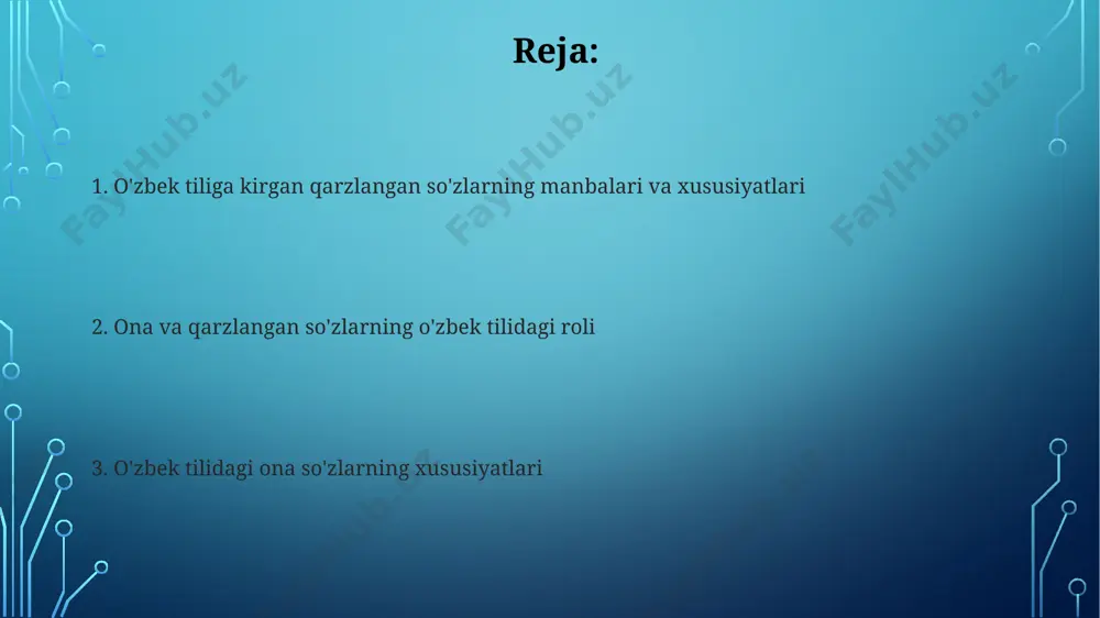 , texnika va madaniyat sohalariga oid 30% ga yaqin soʻzlarni oʻz ichiga olib, tilning boyitilishiga va zamonaviylashishiga sezilarli hissa qoʻshadi. zamonaviy oʻzbek tilida taxminan 70% ga yaqin soʻzlar tub oʻzbek soʻzlari boʻlib, ular asosan, leksikaning asosiy qismini, yaʼni kundalik hayotga oid atamalarni tashkil etadi. e'tiboringiz uchun rahmat @taqdimot_robot image3.jpg image4.jpg image5.jpg image6.jpg image7.jpg image2.png