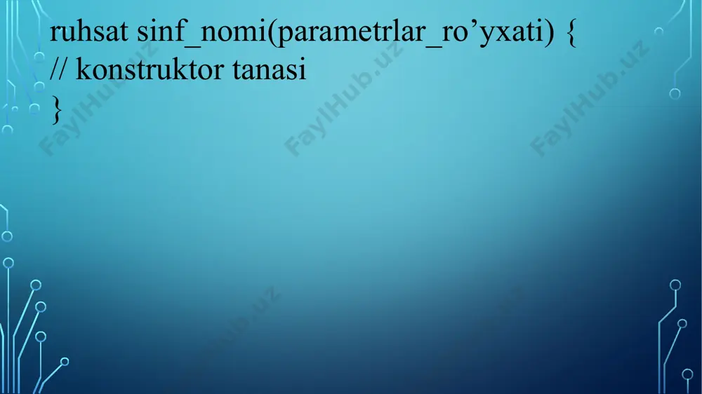 moslashuvchanlik va qayta ishlatish: kod modulli va tartibli bo‘ladi. using system; class myclass { private int alpha; // ruhsat yopiq, aniq belgilangan int beta; // ruhsat yopiq, sukunat bo’yicha public int gamma; // ruhsat ochiq public void setalpha(int a) { alpha = а; } public int getalpha() { return alpha; } public void setbeta(int a) { beta = a; } public int getbeta() { return beta; } } class accessdemo { static void main() { myclass ob = new myclass(); ob.setalpha(-99); ob.setbeta(19) ; console.writeline("ob.alpha="+ob.getalpha()); console.writeline("ob.beta=" + ob.getbeta()); ob.alpha = 10; // xatolik! alpha – yopiq maydon! ob.beta =9; // xatolik! beta – yopiq maydon! ob.gamma = 99; console.writeline("ob.gamma=" + ob.gamma); } } korxonaning bir qancha xizmatchilarining modelini aks ettiradigan xizmatchi sinfini yarataylik. dastlab ximatchi nomi maydonini aniqlaymiz. private string xiz_nomi; xiz_nomi maydonining o’qish metodi quyidagicha ko’rinishda bo’ladi: public string getism() { return xiz_nomi; } demak, dasturda ushbu metodga quyidagicha murojaat …