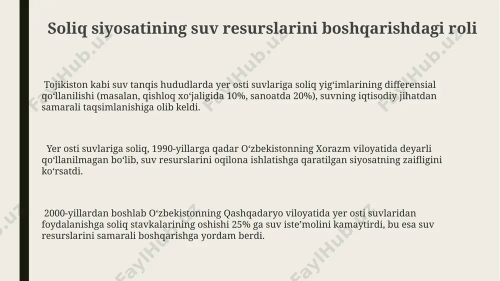 iqdoridagi qo'shimcha xarajatlar, ekologik zararlarni kamaytirish va uzoq muddatli iqtisodiy barqarorlikka yordam beradi. soliq daromadlari, taxminan 100 million so'm miqdorida, suv ta'minotini yaxshilash, suv olish infratuzilmasini modernizatsiya qilish va suv resurslarini muhofaza qilish dasturlariga yo'naltirilishi mumkin, bu esa samarqand kabi yirik shaharlarda suv tanqisligini kamaytiradi. soliq stavkalarini shakllantirish va optimallashtirish toshkent shahrida yer osti suvlaridan sanoat korxonalari tomonidan foydalanish uchun soliq stavkalarini optimallashtirishda, 15% dan yuqori foizli ifloslanish darajasini hisobga olib, qo'shimcha 5-10% miqdorida qo'shimcha soliq joriy etish mumkin. andijon viloyatida yer osti suvlaridan olingan daromadning 20% gacha bo'lgan qismini soliq sifatida undirish, mahalliy byudjetga qo'shimcha mablag' ajratish va suv resurslarini tejamli ishlatishni rag'batlantirishga yordam beradi. o'zbekistonning buxoro viloyatida yer osti suvlaridan foydalanish solig'i stavkalarini shakllantirishda suv resurslarining kamligi (taxminan 30%) va qishloq xo'jaligi ehtiyojlarini hisobga olish muhim. yer osti suvlaridan oqilona foydalanishni rag'batlantirish yer osti suvlaridan oqilona foydalanishni rag'batlantirish uchun samarqand viloyatida 2023-yilda 15% gacha bo'lgan soliq imtiyozlari suv …