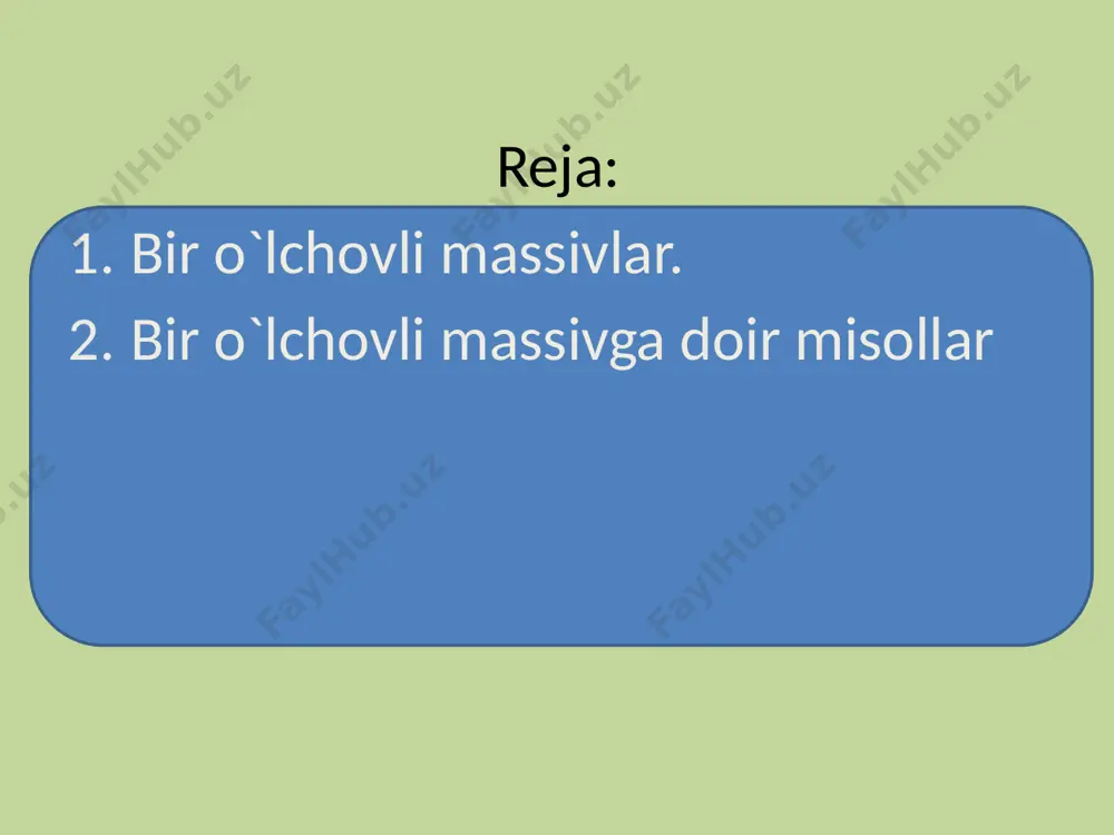 i elementning iymatini bildiradi. from array import * mas = array('i', [2, 5, 4, 0, 8]) mas.insert(4, 3) for i in mas: print(i) natija: 2 5 4 0 3 8 elementni o‘chirish. pythonda pop() metodi yordamida keraksiz elementlarni massivdan o’chirib tashlash mumki. buning uchun massiv nomidan keyin nuqta orqali pop() metodi chaqiriladi. uning argumenti o’chiriladigan element indeksini(3) bildiradi.misol. from array import * mas = array('i', [2, 5, 4, 0, 8]) mas.pop(3) for i in mas: print(i) natija: 2 5 4 8 massiv uzunligini aniqlash. dastur bajarilishida massivning uzunligi o‘zgarishi mumkinligi sababli, ba’zida uning tarkibidagi elementlarning ayni paytdagi sonini bilish kerak bo’ladi. bu ishni len() metodi yordamida bajarish mumkin. misol. from array import * mas = array('i', [2, 5, 4, 0, 8]) print("massiv elementlari soni=",len(mas)) natija: massiv elementlari soni= 5 pythonda massivlar bilan ishlashda qo’llaniladigan funksiyalar va metodlar. pythonda massivlar ishlashda qo’llaniladigan bir nechta metodlar mavjud bo’lib, ularning eng asosiylari quyida …