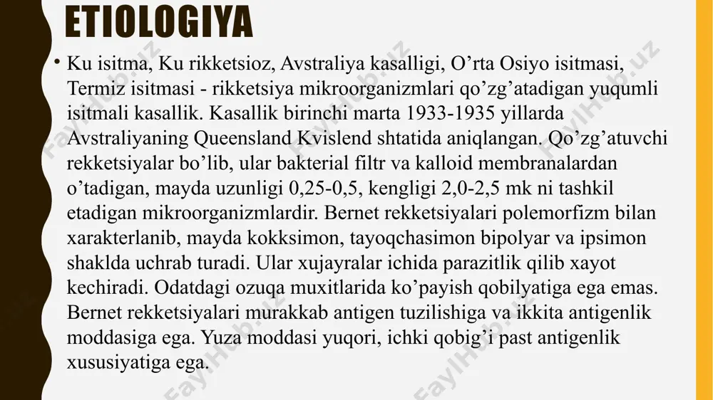 20% bemorlarda dastlabki kunlarda rinit, traxeit, kataral angina, bronxit bilan kechadigan nafas yo’llari yallig’lanishi yuzni shishinqirashi va giperemiya bemorlarning 80 foizida bradikardiya, pulsning labilligi, arterial bosimning tushib ketishi jigar va taloqdagi o’zgarishlar ku- isitmasining ko’pincha yaqqol belgisi tashxislash laborator tekshiruvlari: • serologik reaksiyalardan komplementni bog’lash (kbr). kbr kasallikning 10-12 chi kunlaridan boshlab diagnostik titrda (1:8, 1:16) bo’ladi. • aglyutinatsiya reaksiyalarining musbat bo’lishi • immunoflyuoressensiya, teri osti sinamalari • umumiy qon taxlilida trombotsitopeniya, nisbiy limfotsitoz, monotsitoz, echt ning oshishi • siydik taxlilida proteinuriya va gemoturiya rentgenologik tekshiruvda : ko’krak qafasi rekketsial pnevmoniya bilan pastki bo’limlarda va bazal zonalarda kichik o’choqli infiltratlar, o’pka sura’tining kuchayishi, o’pka ildizlarining qalinlashishi va kengayishi, peribronxial limfa tugunlarining ko’payishi immunitet kasallikdan soʻng qolgan immunitet mustaxkam boʻlib, uzoq saqlanadi. xayvonlarda kasallik surunkali oʻtadi. laboratoriya diagnostikasi. kasallikning 2-xaftasidan bernet rikketsiyasi antigeni bilan agglyutinatsiya reaksiyasi qo’yiladi. reaksiyaning musbat titri 1:10-1:16 nisbatiga teng boʻladi. kasallikning 3-5 xaftasida titr mx darajada boʻladi. …