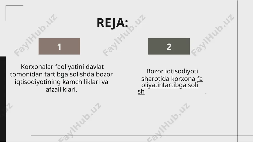 o'ymagan, asosan, iqtisodiyotni tartibga solish vazifasini amalga oshiradigan, har xil budjet tashkilotlari va muassasalari sifatida namoyon bo'ladi. har qanday bozor iqtisodiyotini tartibga solish mexanizmi asosan to'rtta tarkibiy qismdan iborat bo'ladi: - baho - talab va taklif - raqobat. baholar nisbati o'zgarib turadi, shuning uchun baho, ishlab chiqaruvchi uchun ishlab chiqarish hajmining o'zgarishi; zarurligini aniqlashda yo'l ko'rsatkich bo'lib xizmat qiladi. talab va taklif hamda raqobatchilik muhitidagi o'zgarishlar, o'z navbatida, baholardagi o'zgarishlarni keltirib chiqaradi. bozor iqtisodiyotining muhim va umumiy belgilari quyidagilardan iborat: - turli shakllardagi mulkchilikning mavjud bo'lishi va unda xususiy mulkchilikning ustun turishi; - tadbirkorlik va tanlov erkinligi; - raqobat kurashning mavjudligi; - davlatning iqtisodiyotga cheklangan holda aralashuvi; - korxona va firmalarning ichki va tashqi shart-sharoitlar o'zgarishlariga moslashuvchanligi. bozor iqtisodiyotining bu belgilari uning hamma bosqichlari uchun umumiydir. lekin bozor iqtisodiyotining mazmuni va belgilari haqida gap borganda bu iqtisodiyotning tarixda tarkib topgan ikki turini bir-biridan farq qila bilish zarurdir. uning birinchi ko'rinishi …