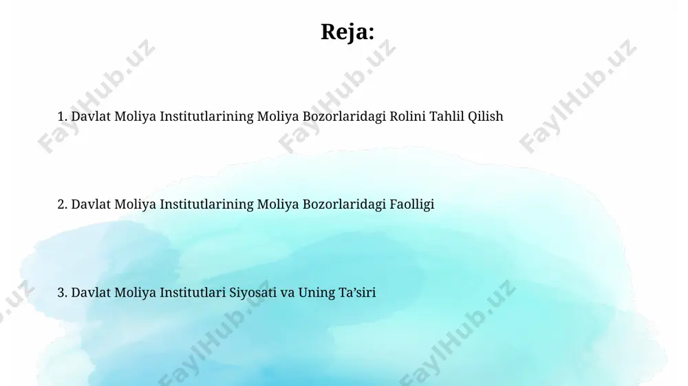 айди. investitsiya bozorida davlat moliya institutlarining ishtiroki davlat kafolatlari va subsidiyalari orqali, 2000 dan ortiq kichik va o'rta biznes sub'ektlariga investitsiya jalb qilishga yordam berildi. davlat moliya institutlari investitsiya bozorida 2022 yilda umumiy yalpi ichki mahsulotning 5% dan ortig'ini tashkil etuvchi loyihalarni moliyalashtirishda ishtirok etdi. davlat moliya institutlarining moliyaviy bozorlardagi faoliyati давлат молия институтларининг 20% дан ортиқ қисми миллий валюта бозоридаги ликвидликни таъминлашда фаол иштирок этади ва йиллик 5% гача бўлган фоиз ставкалари билан кредитлар беради. ўзбекистон республикасидаги давлат молия институтларининг активларининг 30% дан кўпроғи узоқ муддатли инвестиция лойиҳаларини, хусусан, инфратузилмани ривожлантиришга йўналтирилган. davlat moliya institutlarining turlari va vazifalari давлат молия институтлари, жумладан, 5 тадан ортиқ тижорат банклари ва 2 тадан ортиқ суғурта компанияларини ўз ичига олади, уларнинг асосий вазифаси макроиқтисодий барқарорликни таъминлашдир. давлат иштирокидаги инвестиция жамғармалари, миллий валюта захираларини бошқариш ва 20% дан ортиқ давлат облигацияларини жойлаштириш орқали мамлакатнинг молиявий барқарорлигини кучайтиришга хизмат қилади. davlat moliya institutlarini rivojlantirishning istiqbollari …
